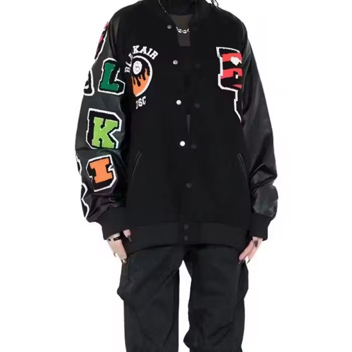 image of Vintage Streetwear Black Patch Graphic Varsity Jacket, Men's (Size Large)