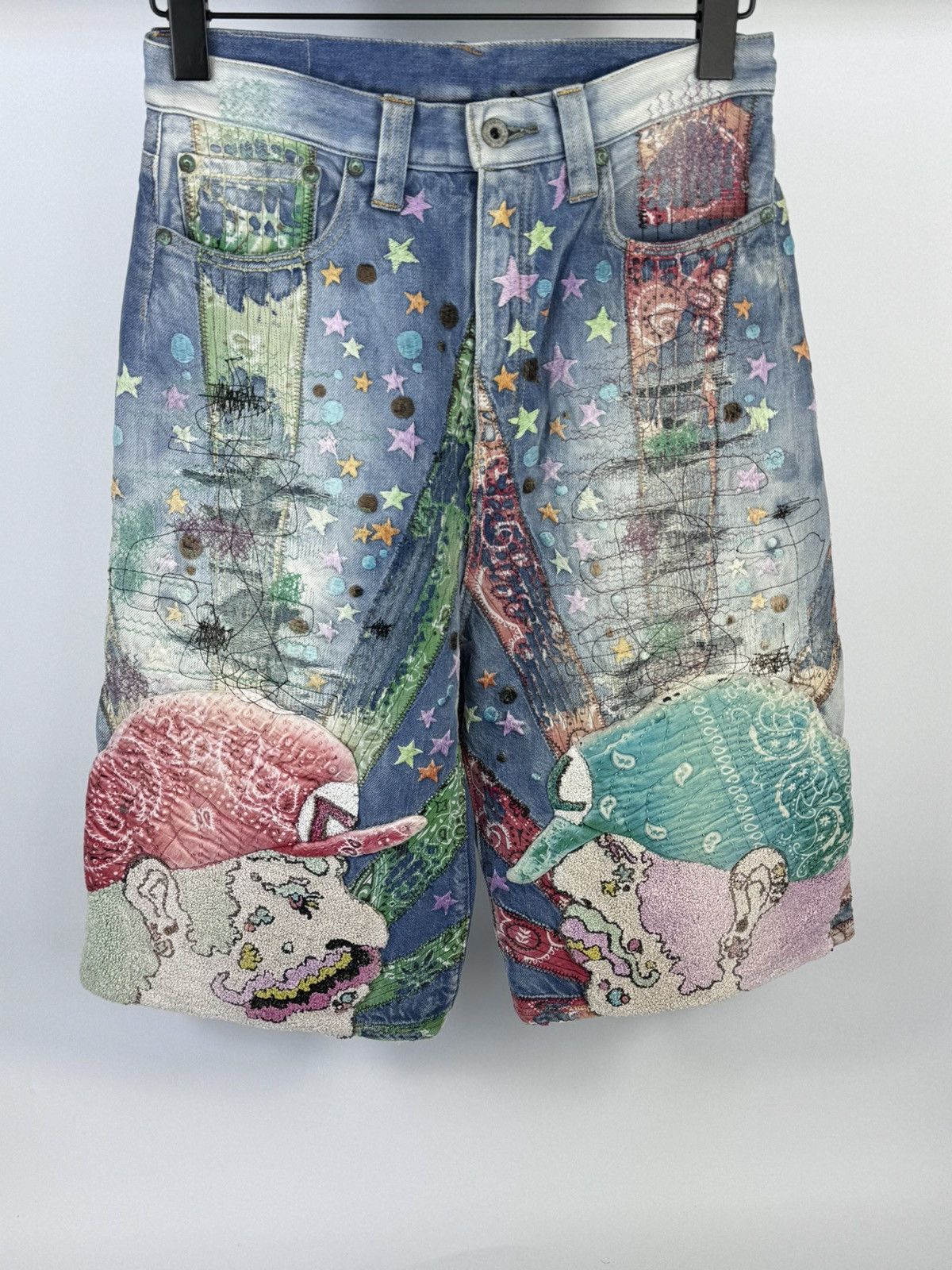 image of X Eri Meme Glitch Straight Leg Embroidered Denim Shorts 1/1 in Blue, Men's (Size 32)