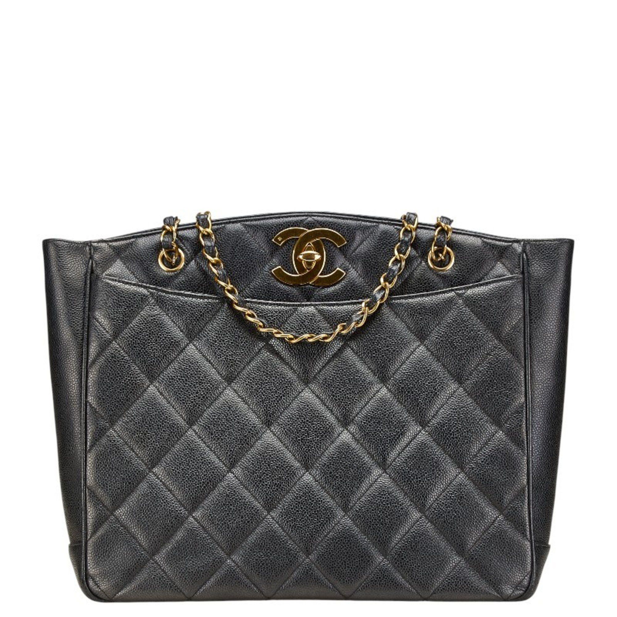 CHANEL Matelasse Coco Mark Chain Tote Bag One-Shoulder Black Caviar Skin Women's