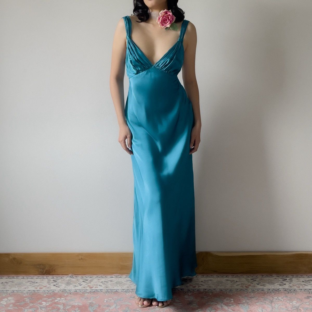 Vintage Vintage Jonquil Teal Satin Slip Gown (M–L) Size L / US 10 / IT 46 - 2 Thumbnail
