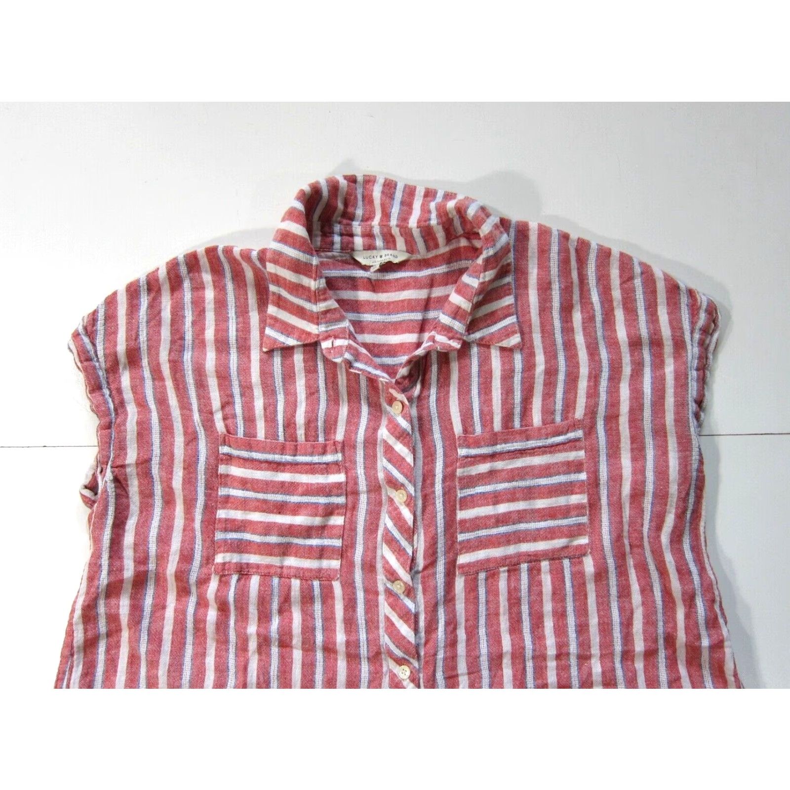 Lucky Brand Lucky Brand Blouse Shirt Ladies M Red Cap Sleeve Open Back Linen Rayon Stripe Button Down Size M / US 6-8 / IT 42-44 - 5 Thumbnail