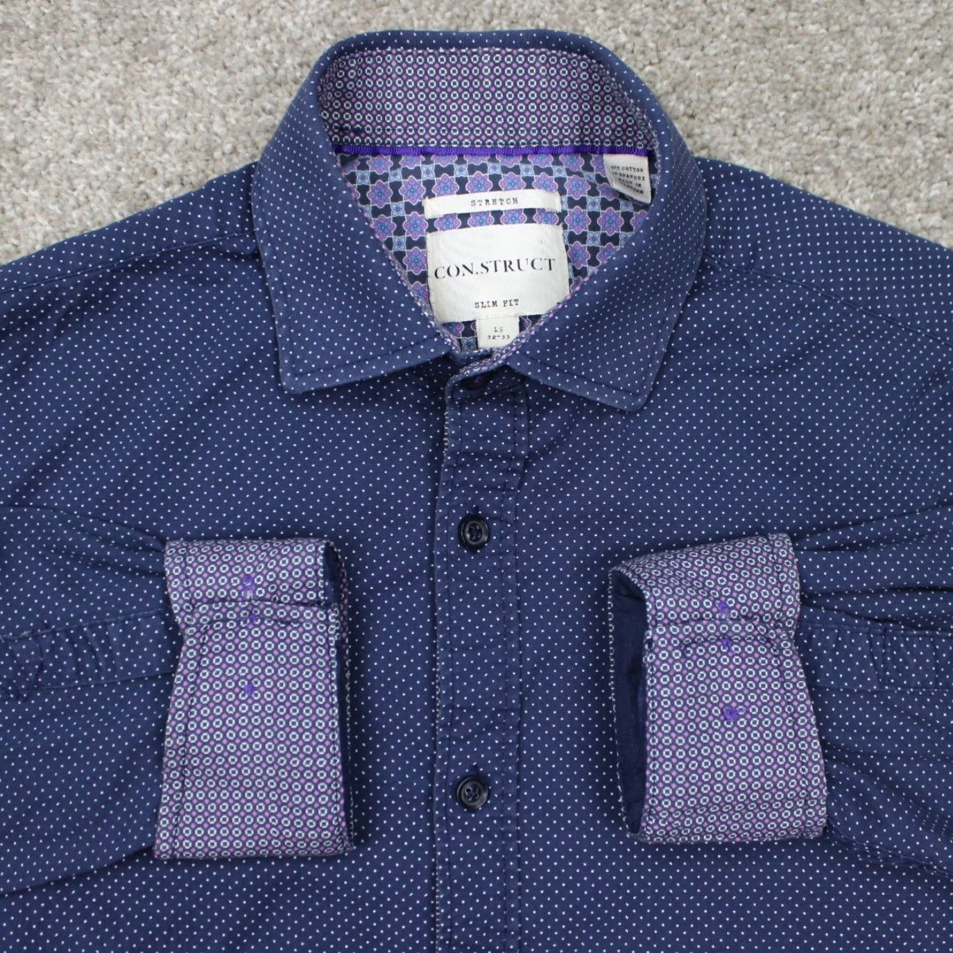 Vintage Construct Dress Shirt Mens 15 32/33 Blue/Purple Slim Fit L/S Geometric Non-Iron Quick Dry Stretch Cadence? Size 40R - 2 Thumbnail
