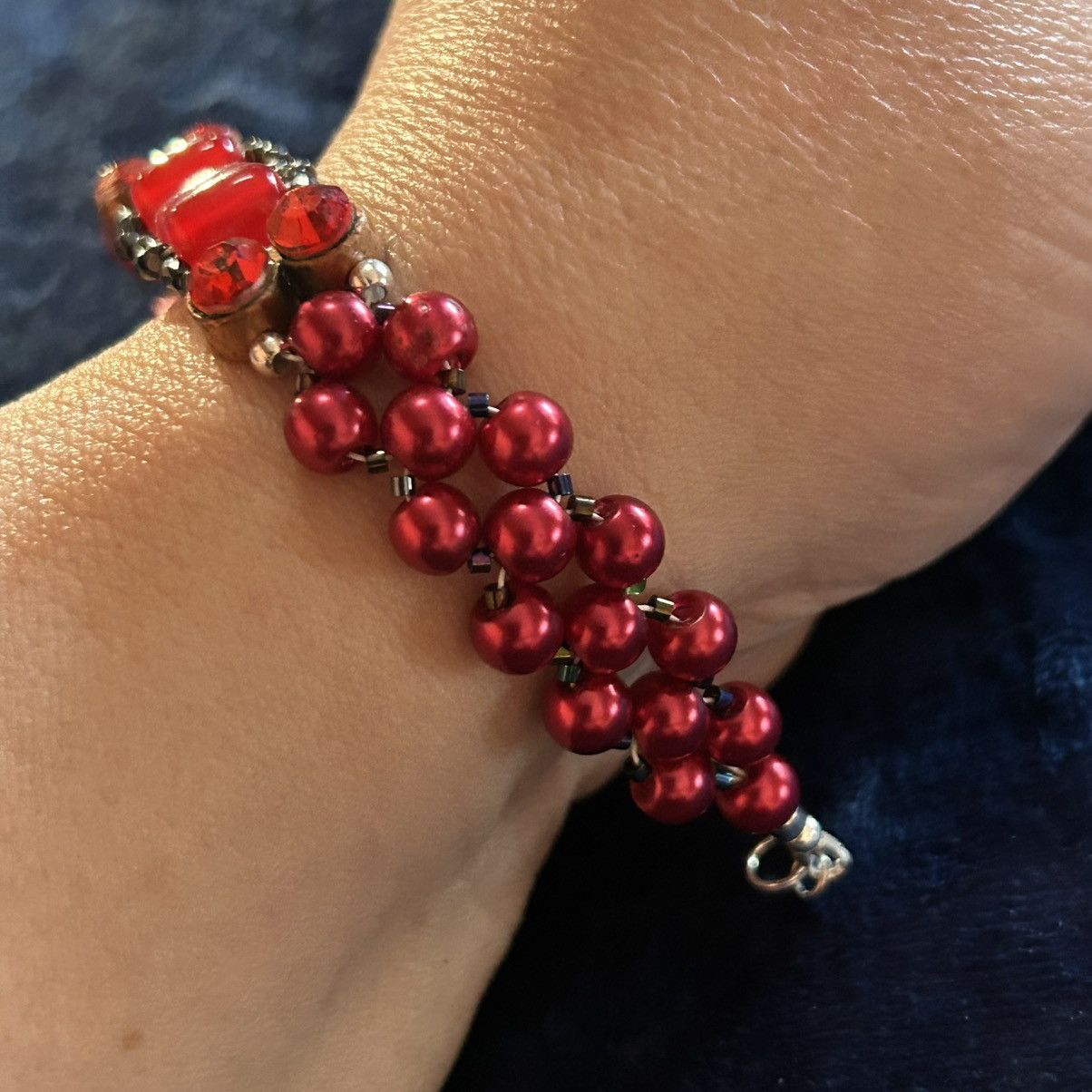 Handmade Handcrafted ruby red Czech glass pearl cat eye bracelet Size ONE SIZE - 2 Thumbnail