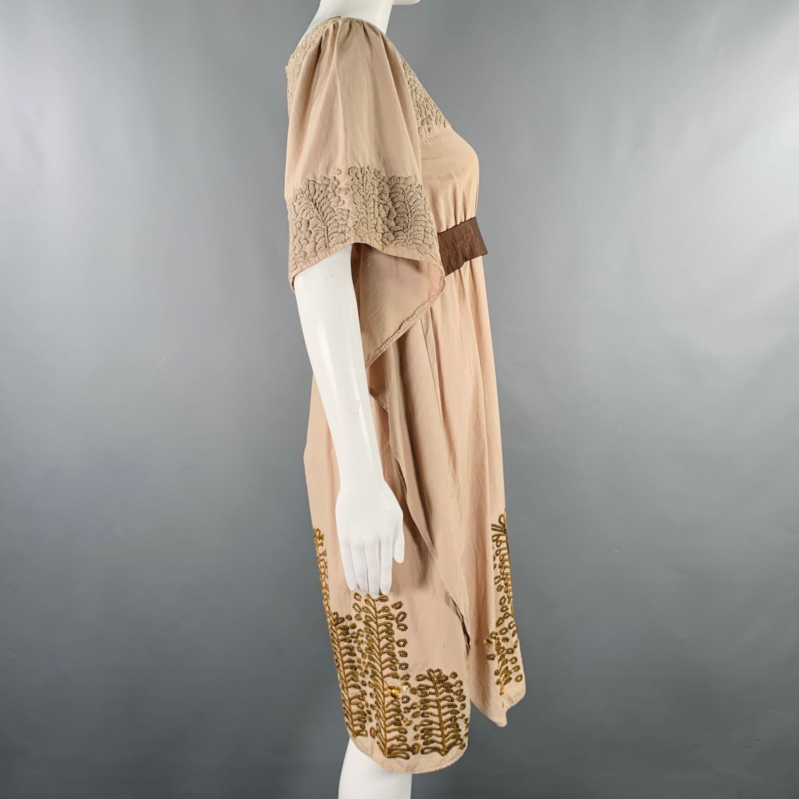 Cosmic Wonder Size S Khaki Beige Silk Cotton Embroidered Oversized Dress Size S / US 4 / IT 40 - 4 Thumbnail