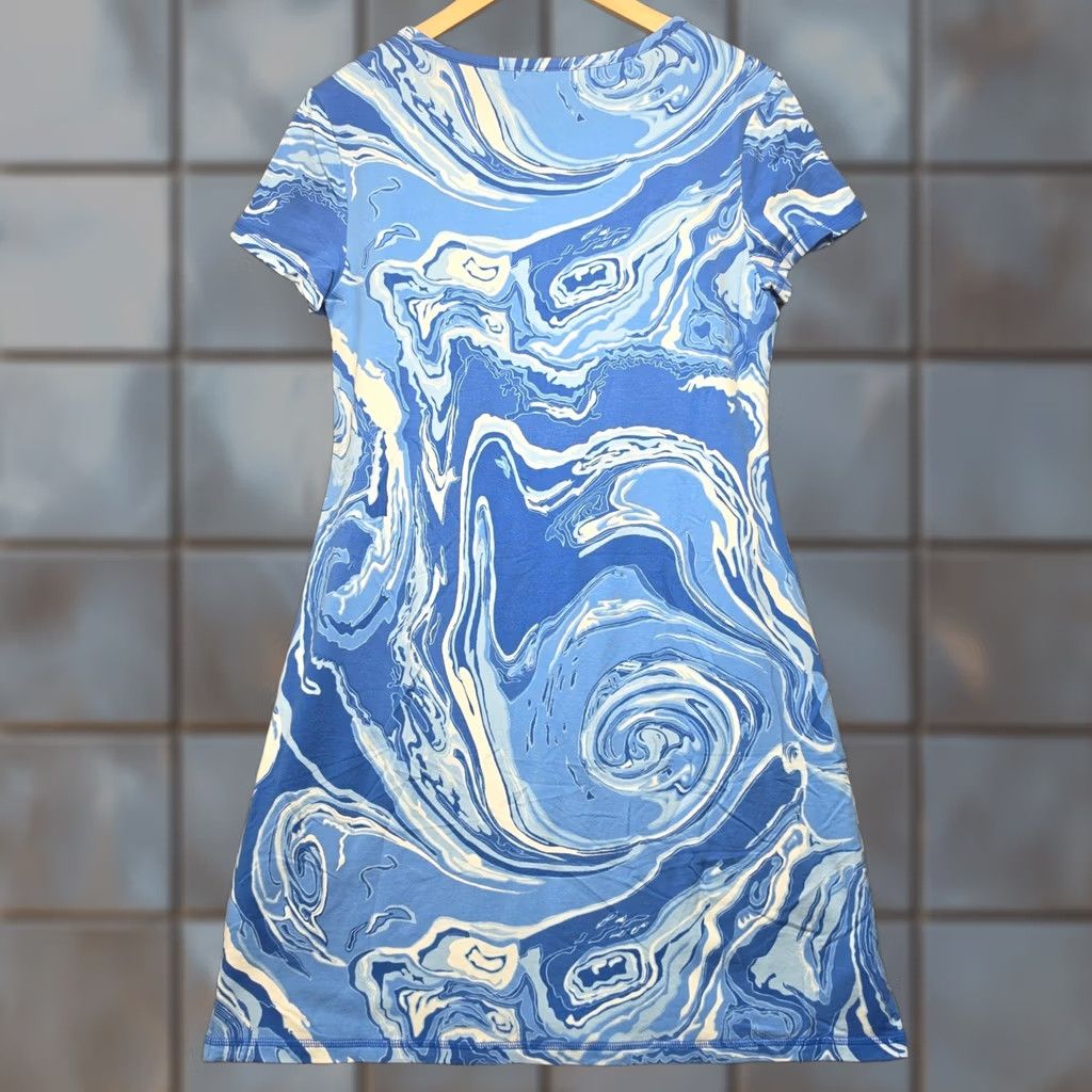 Talbots Talbots T by Talbots Dress Knit Dress Short Sleeve Blue Marble Swirl Print Womens Medium Knee Length Stretch Casual Mens? Womens Size 32" / US 10 / IT 46 - 1 Thumbnail