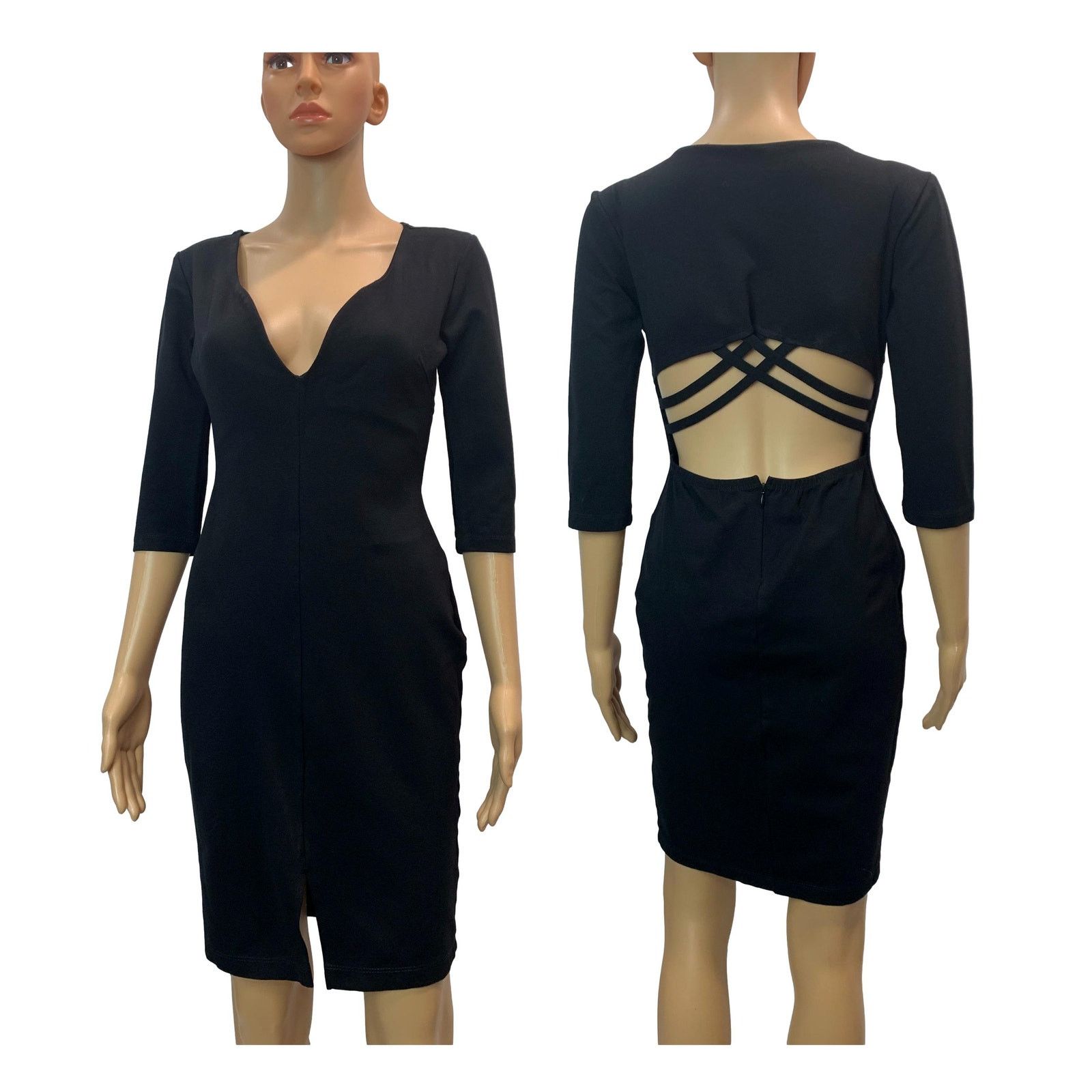 Vintage 80s Black Cut Out Spandex Dress | Low Cut Tight Fit M Size M / US 6-8 / IT 42-44 - 2 Thumbnail