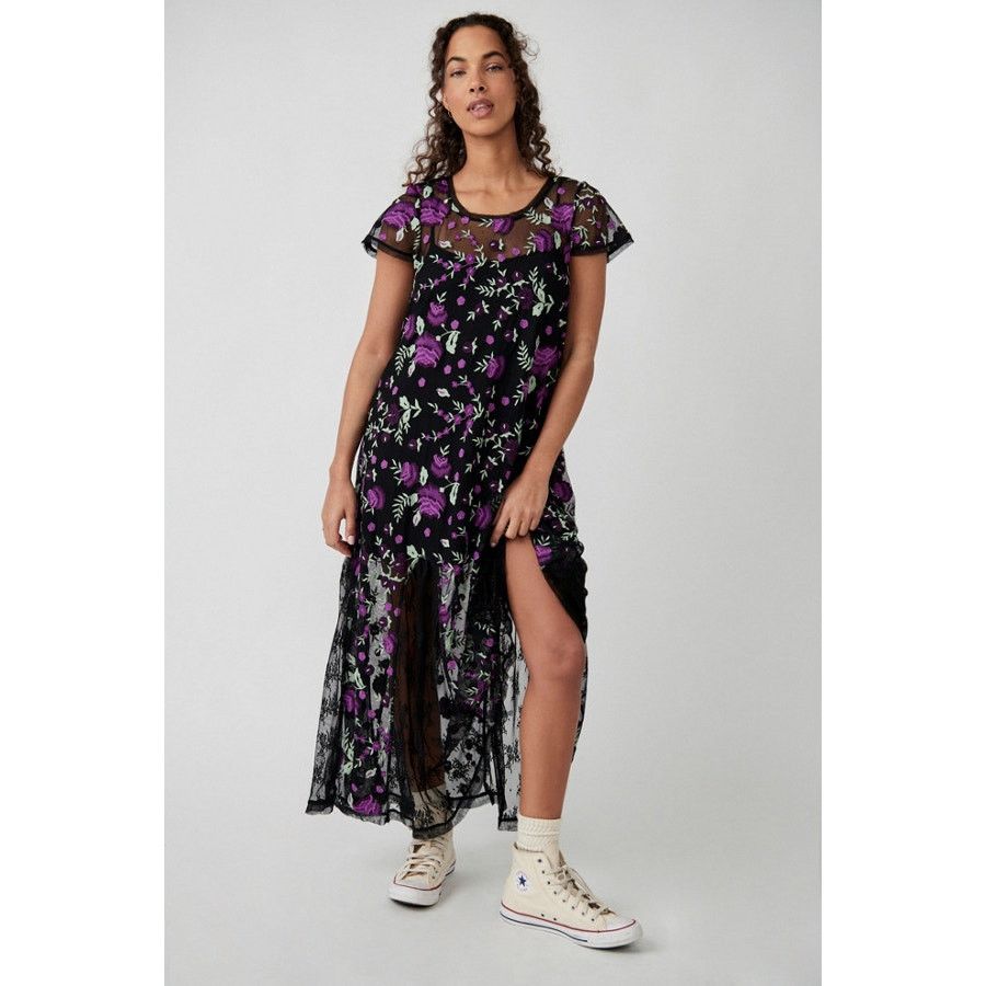 Free People New Sky Bright Floral Midi Dress $228 SMALL Black/Purple Size S / US 4 / IT 40 - 4 Thumbnail