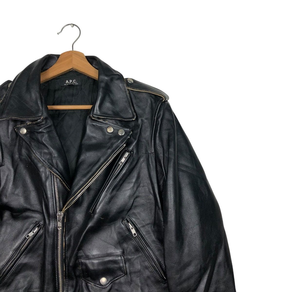 A.P.C. 🔥VINTAGE BIKE LEATHER JACKET APC DOUBLE COLLAR ISSEY MIYAKE Size US M / EU 48-50 / 2 - 6 Thumbnail