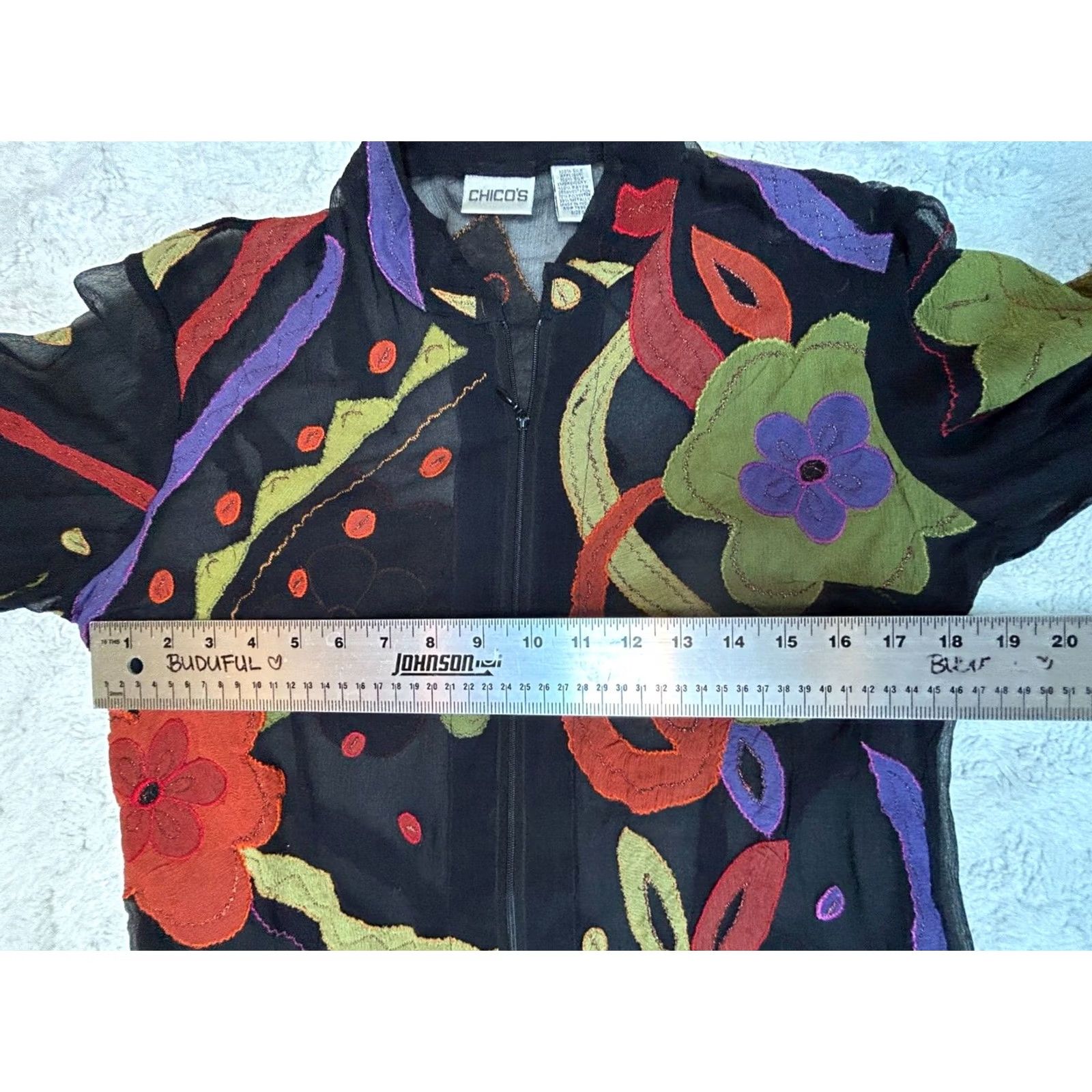 Vintage Chico's Women's Full Zip Jacket Silk Applique Wearable Art Lightweight Short Sleeve? Size S / US 4 / IT 40 - 6 Thumbnail