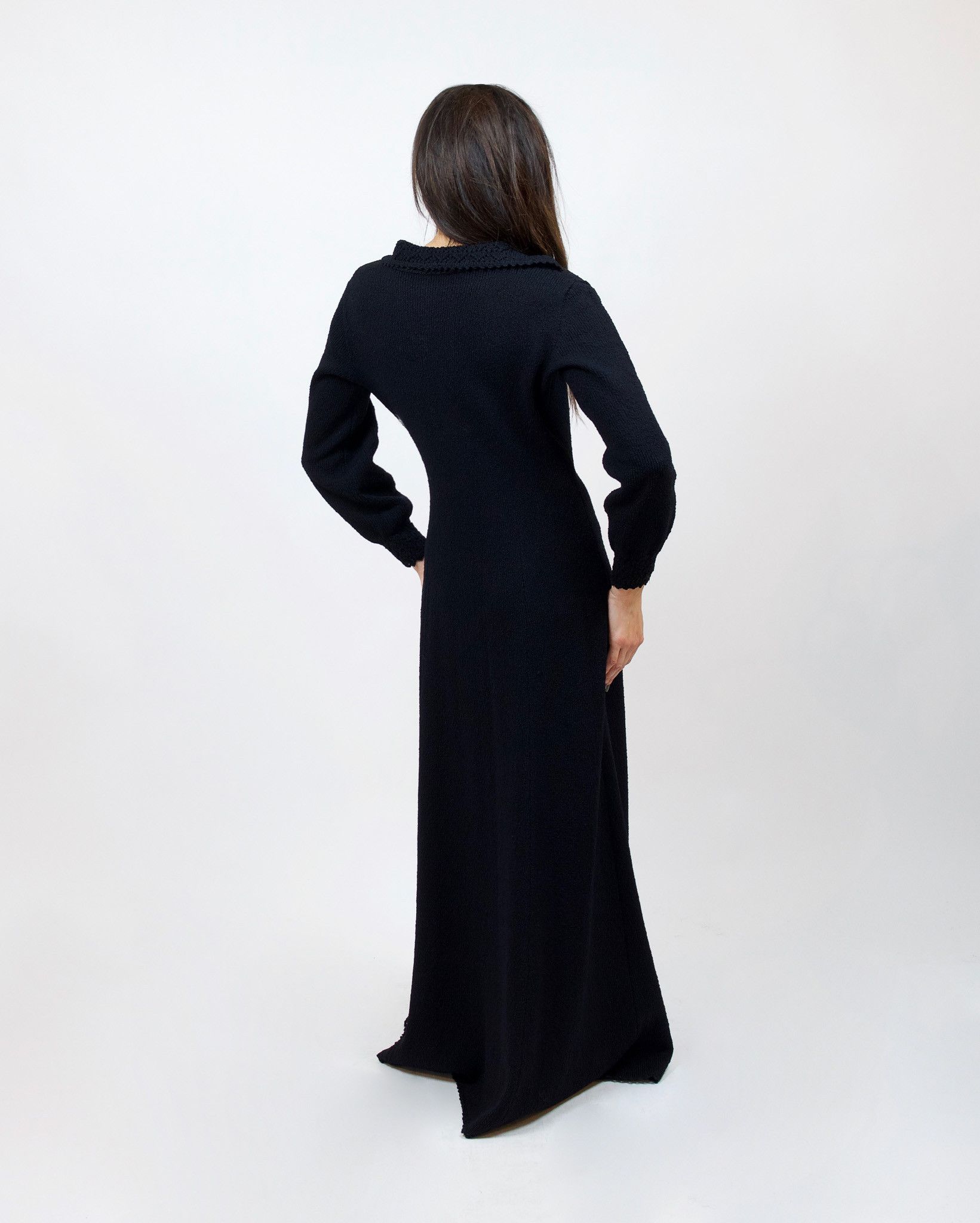 Vintage Vintage Black Deep V Dress Collared Bishop Sleeve Gown Size S / US 4 / IT 40 - 3 Thumbnail