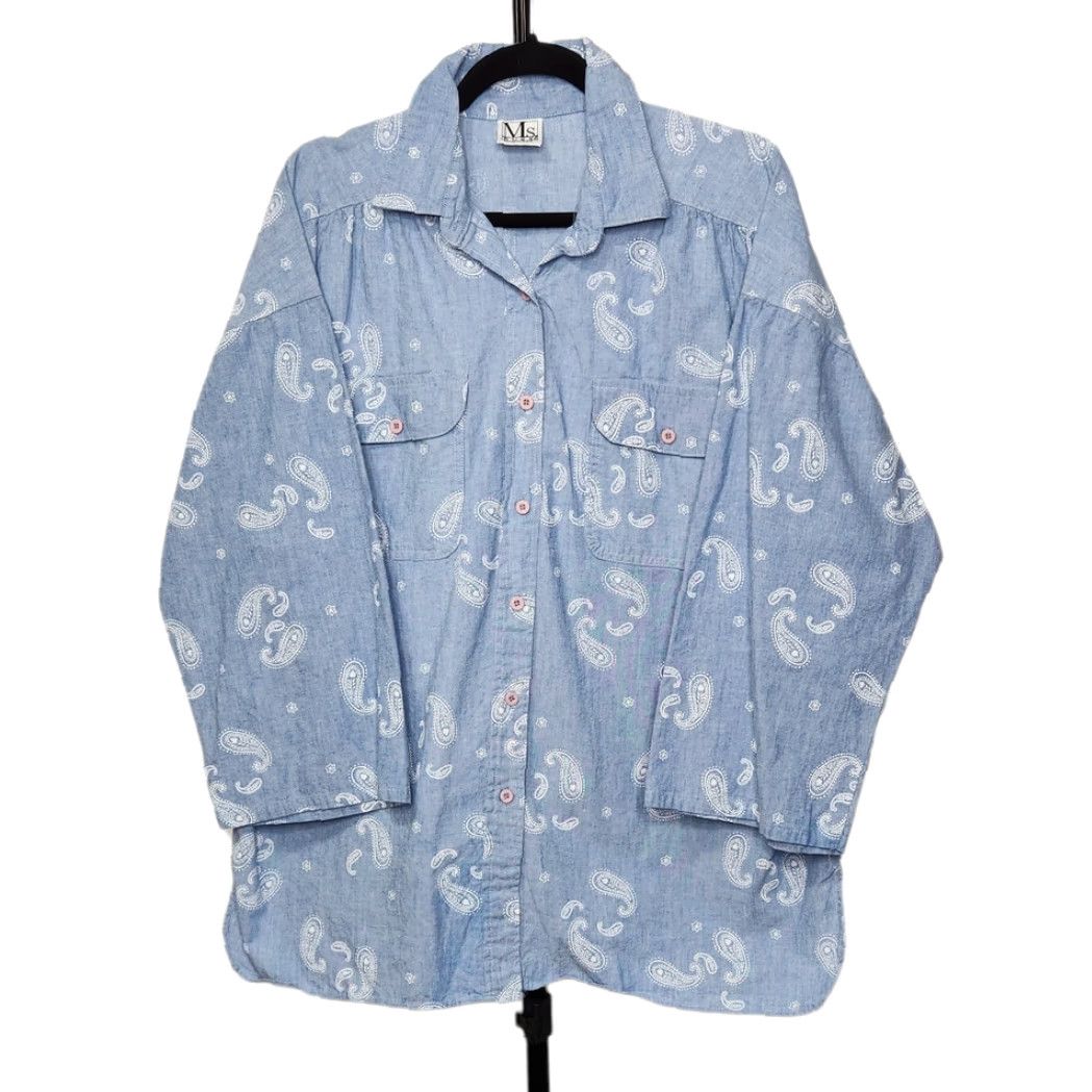 Gloverall VINTAGE Paisley Button Shirt Ms Russ USA Made Blue Unisex Adults L Regular 70s 80s Groovy Button-Up Size L / US 10 / IT 46 - 2 Thumbnail