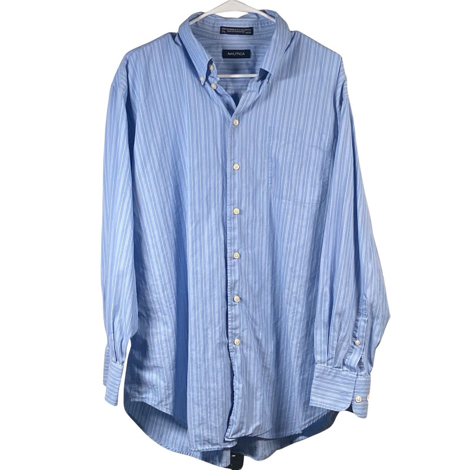 Nautica Nautica Shirt Mens 17.5 34/35 XL Blue Striped Long Sleeve Size US XL / EU 56 / 4 - 1 Thumbnail