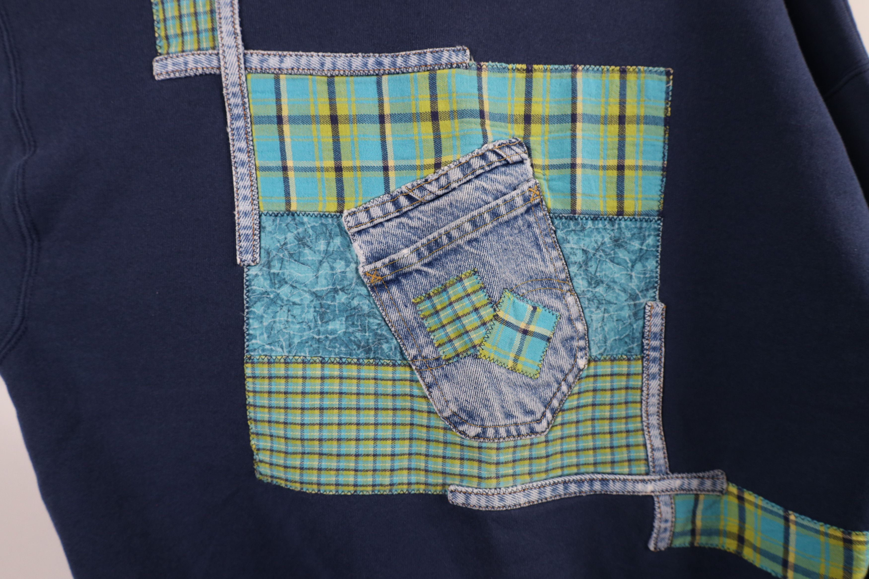 Vintage Vintage 90s Streetwear Patchwork Jean Pocket Sweatshirt Size L / US 10 / IT 46 - 5 Thumbnail
