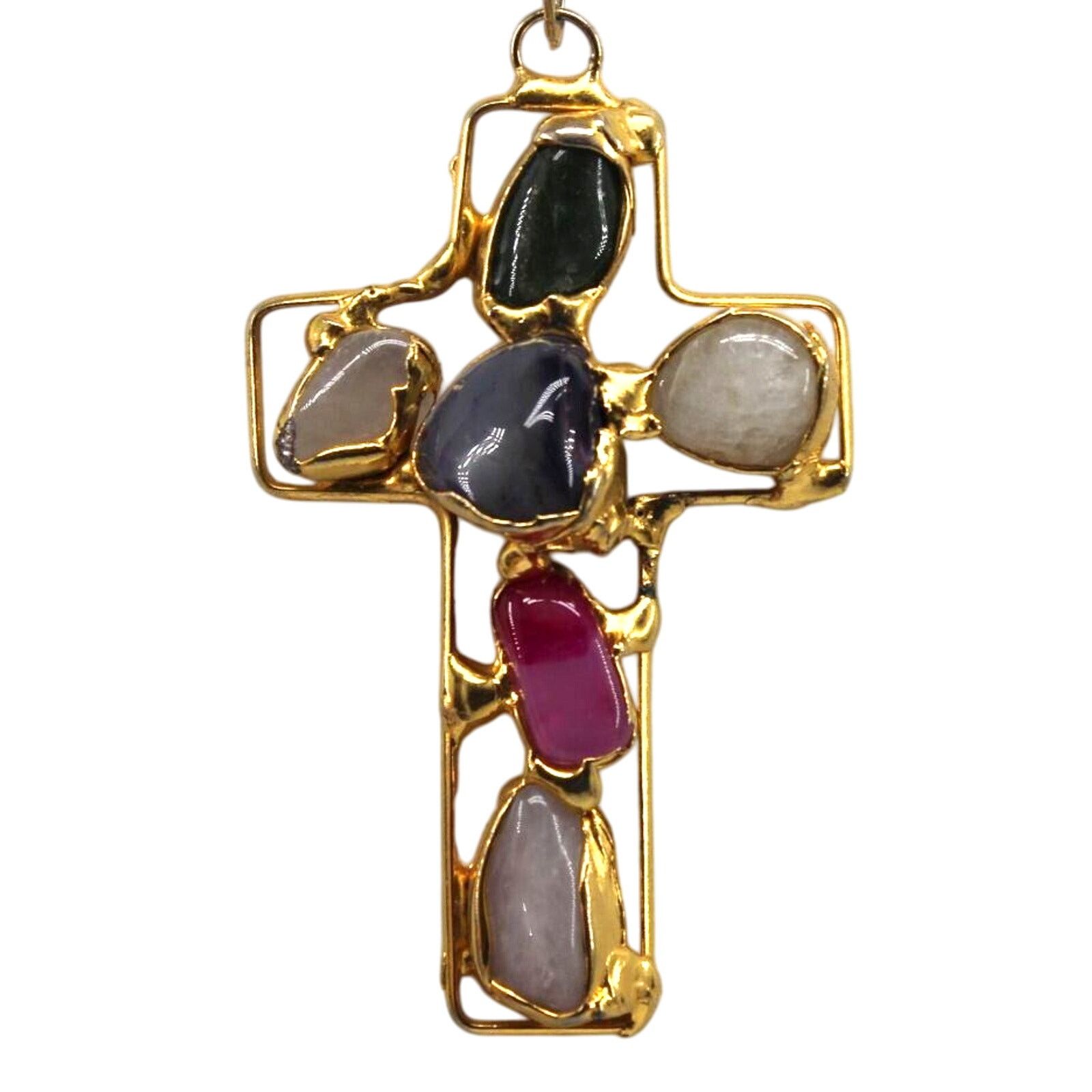 Other 3" Goldtone Christian Cross Pendent • 6 Genuine Gemstones Size ONE SIZE - 3 Thumbnail