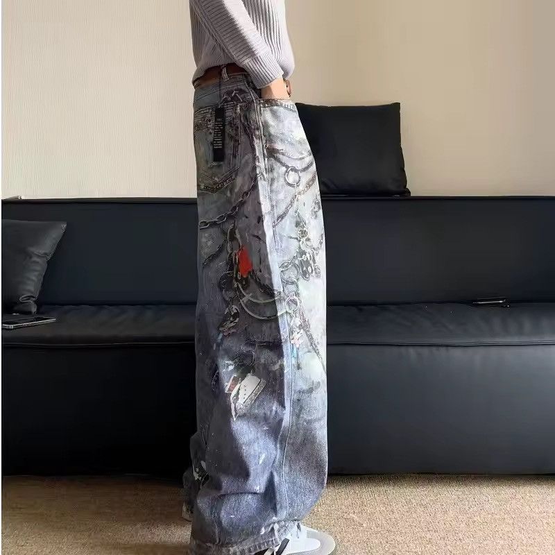 Jean Heavy Streetwear Wide Leg 3D Print Design Pants Jeans Size US 30 / EU 46 - 3 Thumbnail