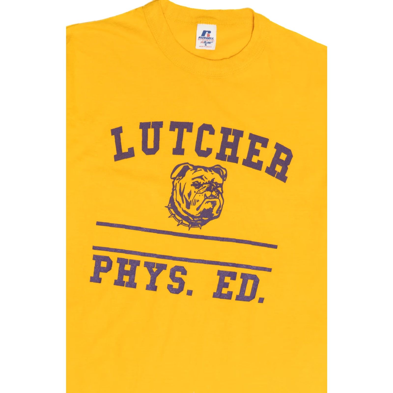 Russell Athletic VINTAGE Russell Athletic T-Shirt Lutcher Phys. Ed Bulldog Logo Yellow Small Unisex Adults Short Sleeve 1990s Mens Womens Boys Girls Size US S / EU 44-46 / 1 - 2 Thumbnail