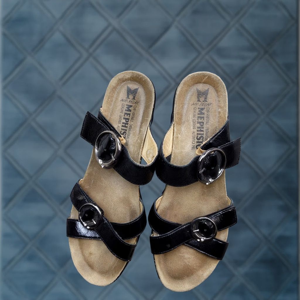 Mephisto Mephisto Sandals Womens 9 Black Wedge Cork Slide Leather Buckle Comfort Slip On Adjustable Strap Size US 9 / IT 39 - 1 Thumbnail