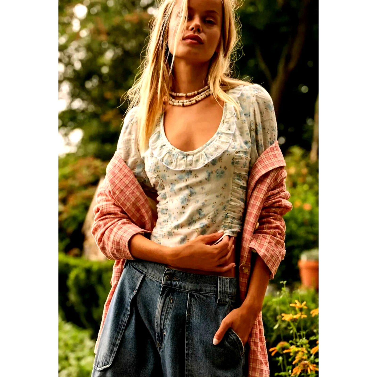 Free People Free People Another Life Top White Combo Blue Floral Print L Size L / US 10 / IT 46 - 3 Thumbnail