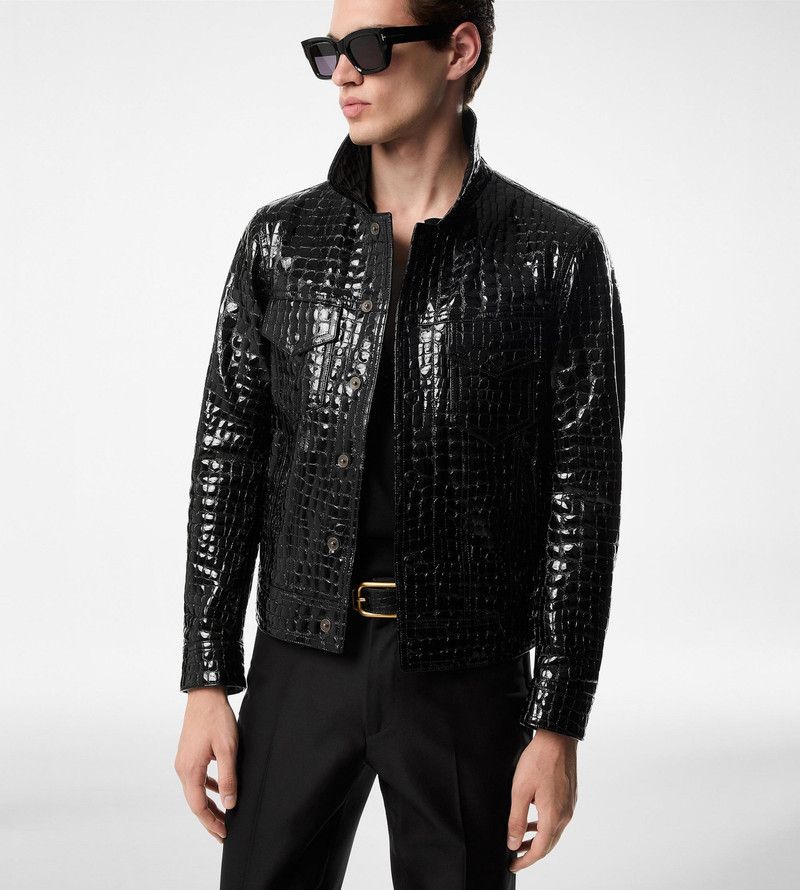 Tom Ford o1sm1stk0326 Shiny Croc Western Trucker Jacket in Black Size US XS / EU 42 / 0 - 2 Thumbnail