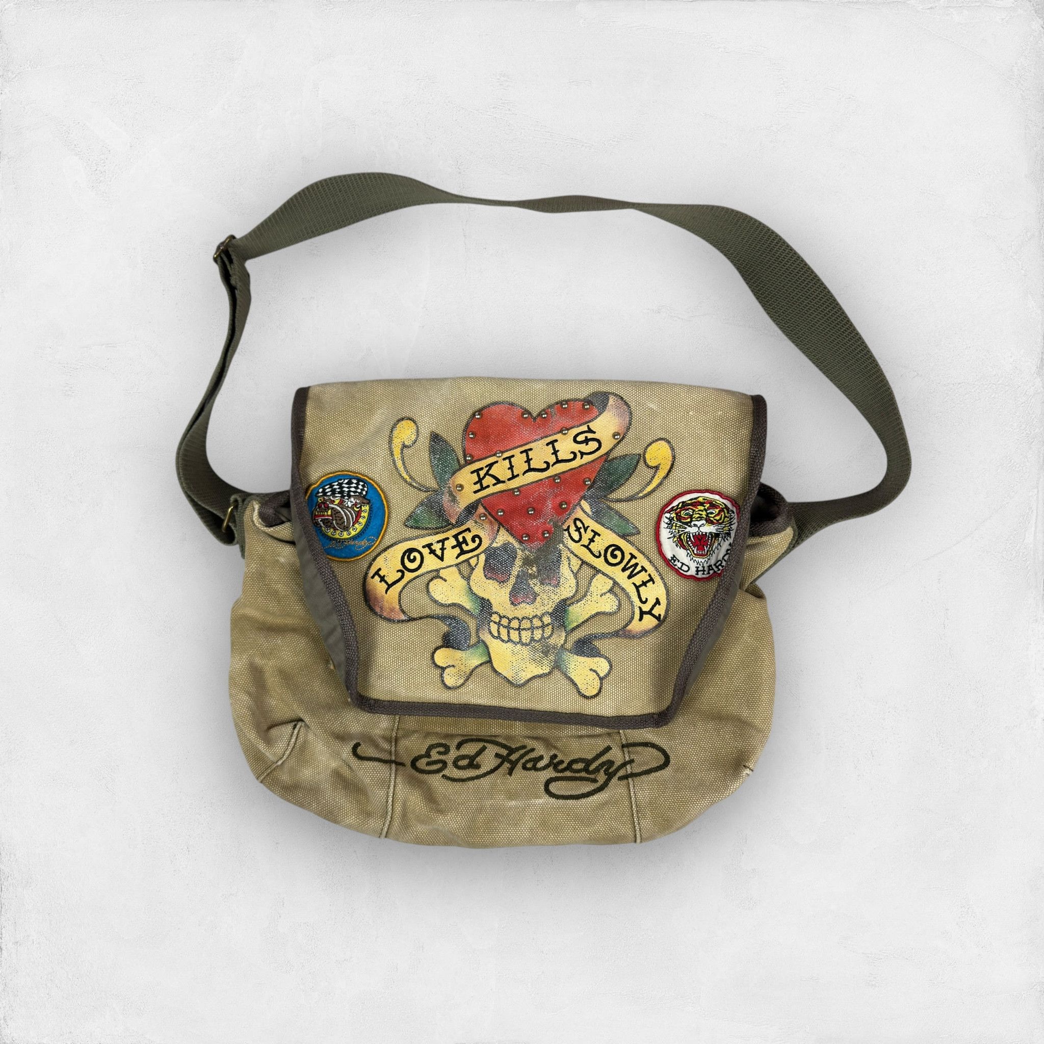 Ed Hardy Men's Khaki Studded Love Kills Slowly Crossbody Bag in Green