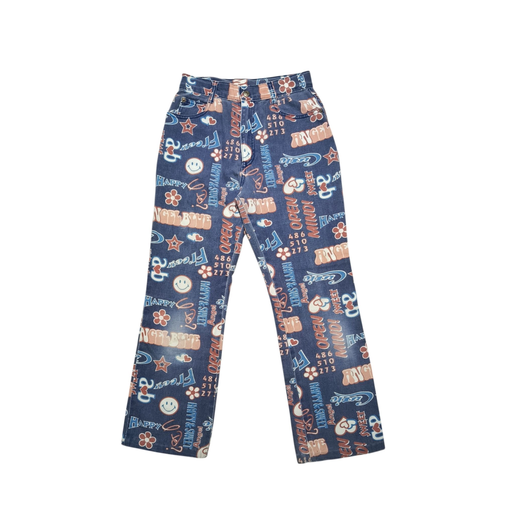 Vintage Y2K ANGEL BLUE Emoji Printed AOP Stretch Jeans Pants