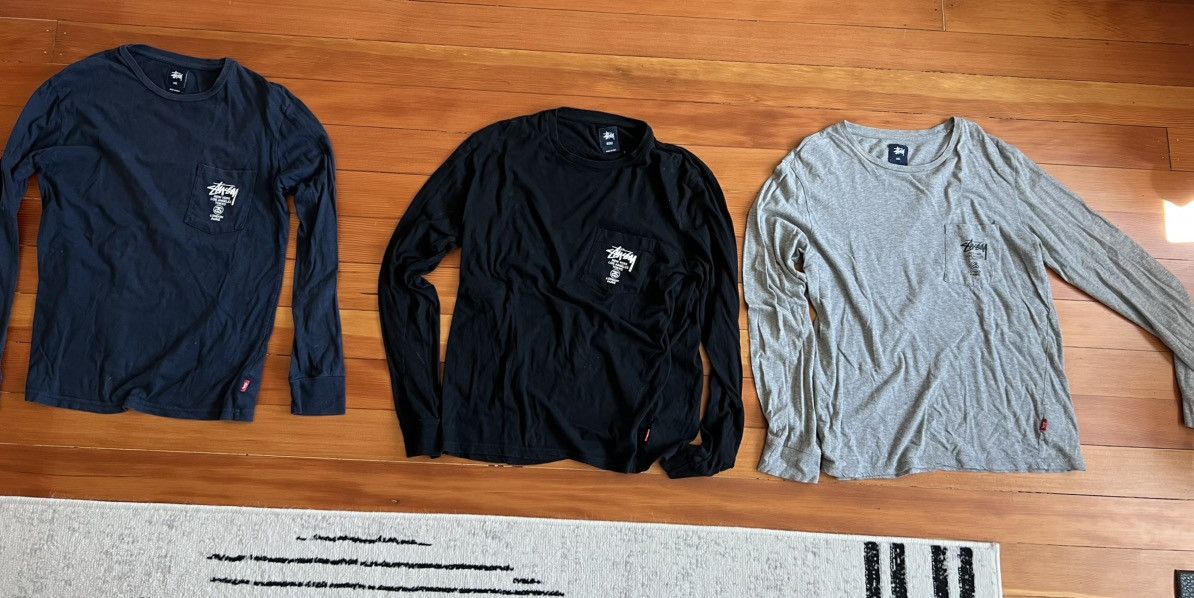 (3) Stussy long sleeve shirts (black gray blue)