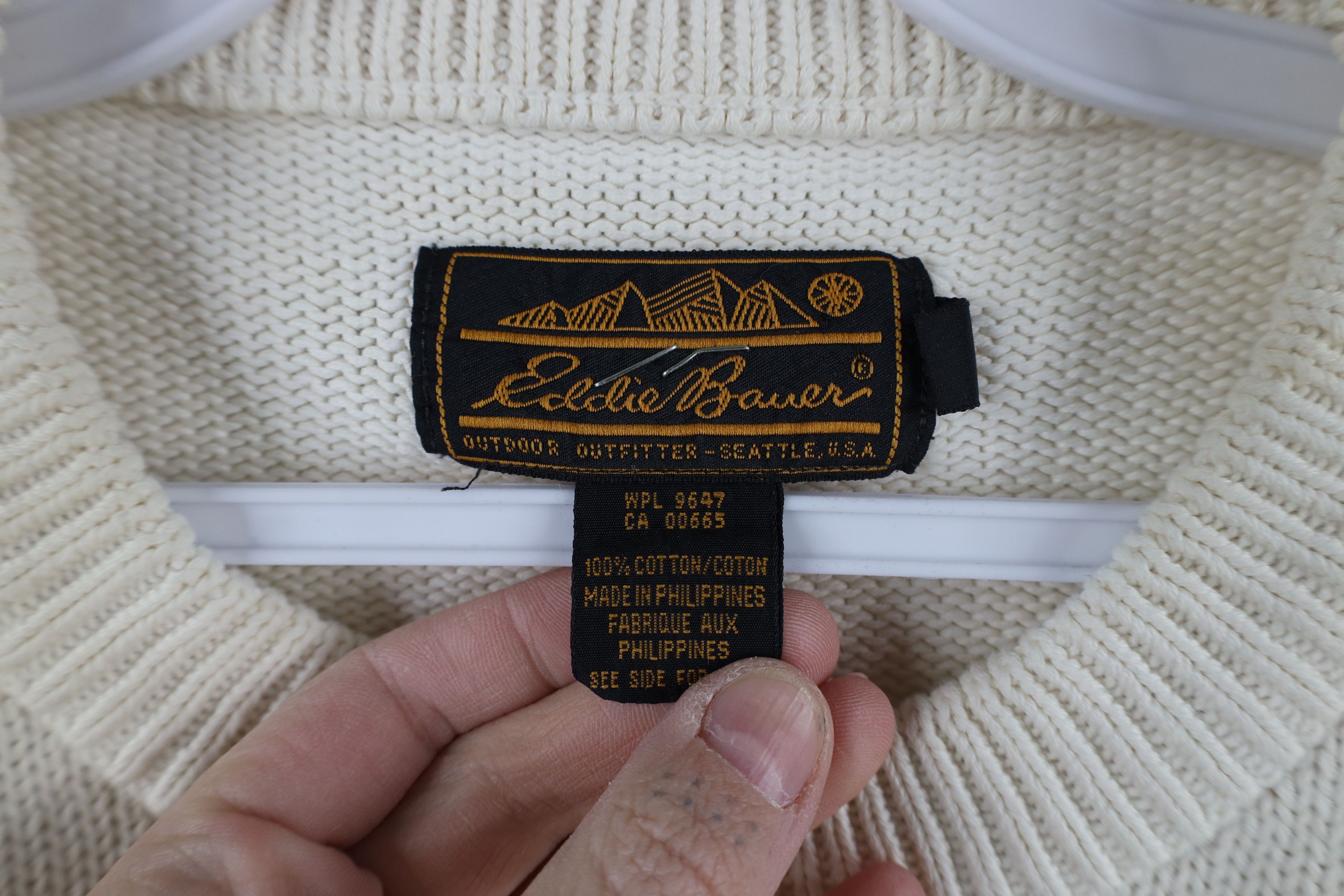 Eddie Bauer × Vintage Vintage 90s Eddie Bauer Blank Cotton Knit Sweater Cream Size US XL / EU 56 / 4 - 4 Thumbnail