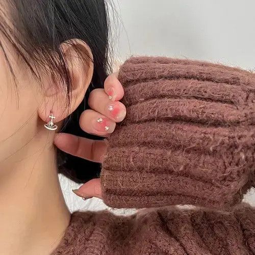 mewt Silver Color Korean Cross Cosmic Planet Saturn Stud Earrings Size ONE SIZE - 4 Thumbnail