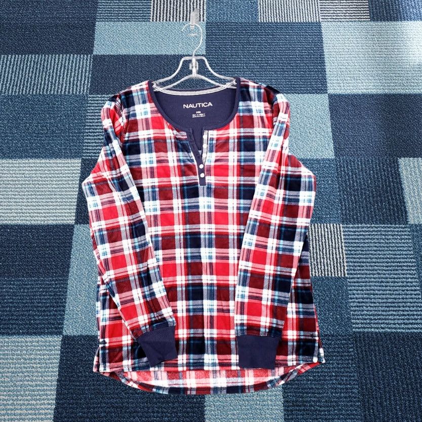 Nautica Nautica Pajama Top Womens S Small Red Plaid Henley Long Sleeve Fleece Sleepwear Size S / US 4 / IT 40 - 1 Thumbnail