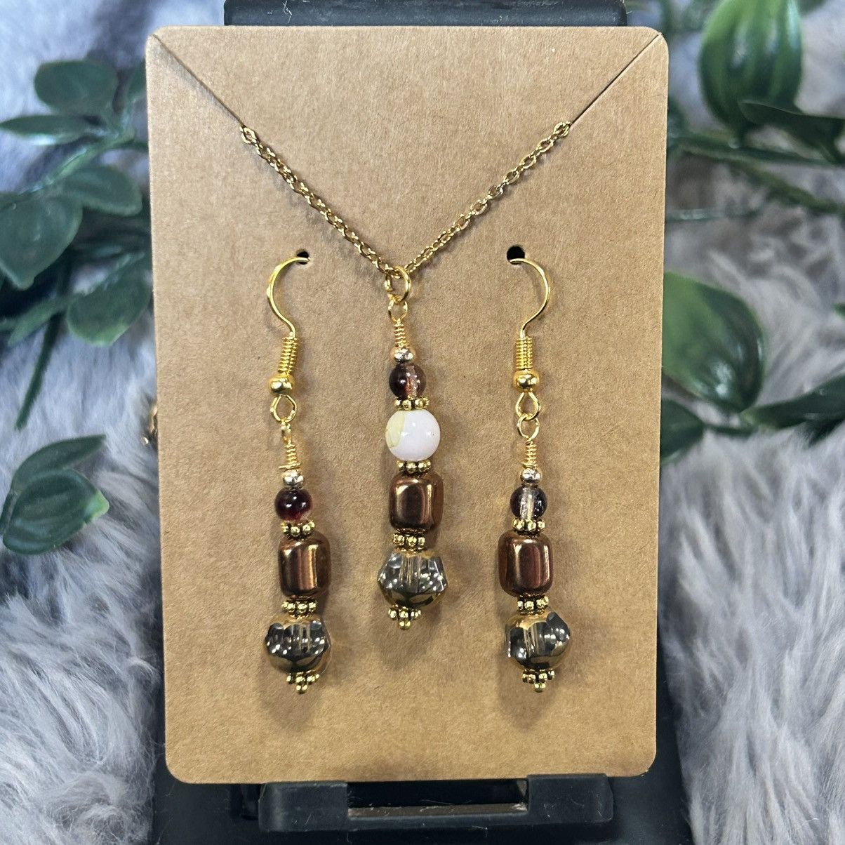 Handmade Handcrafted di-cut art glass copper oil slick necklace set Size ONE SIZE - 2 Thumbnail