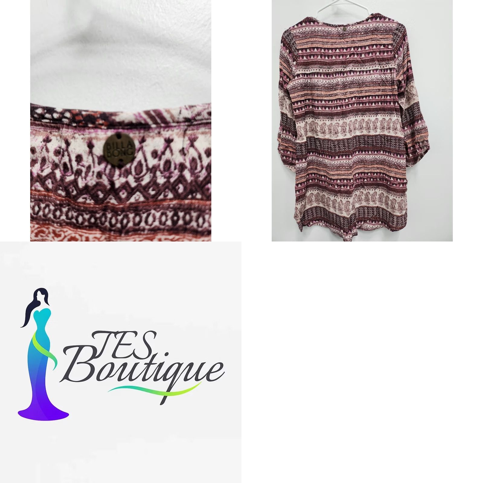 Billabong Billabong BOHO Peasant Tunic Top Womens S Purple Paisley 3/4 Sleeve Casual Shirt Blouse Size S / US 4 / IT 40 - 8 Thumbnail