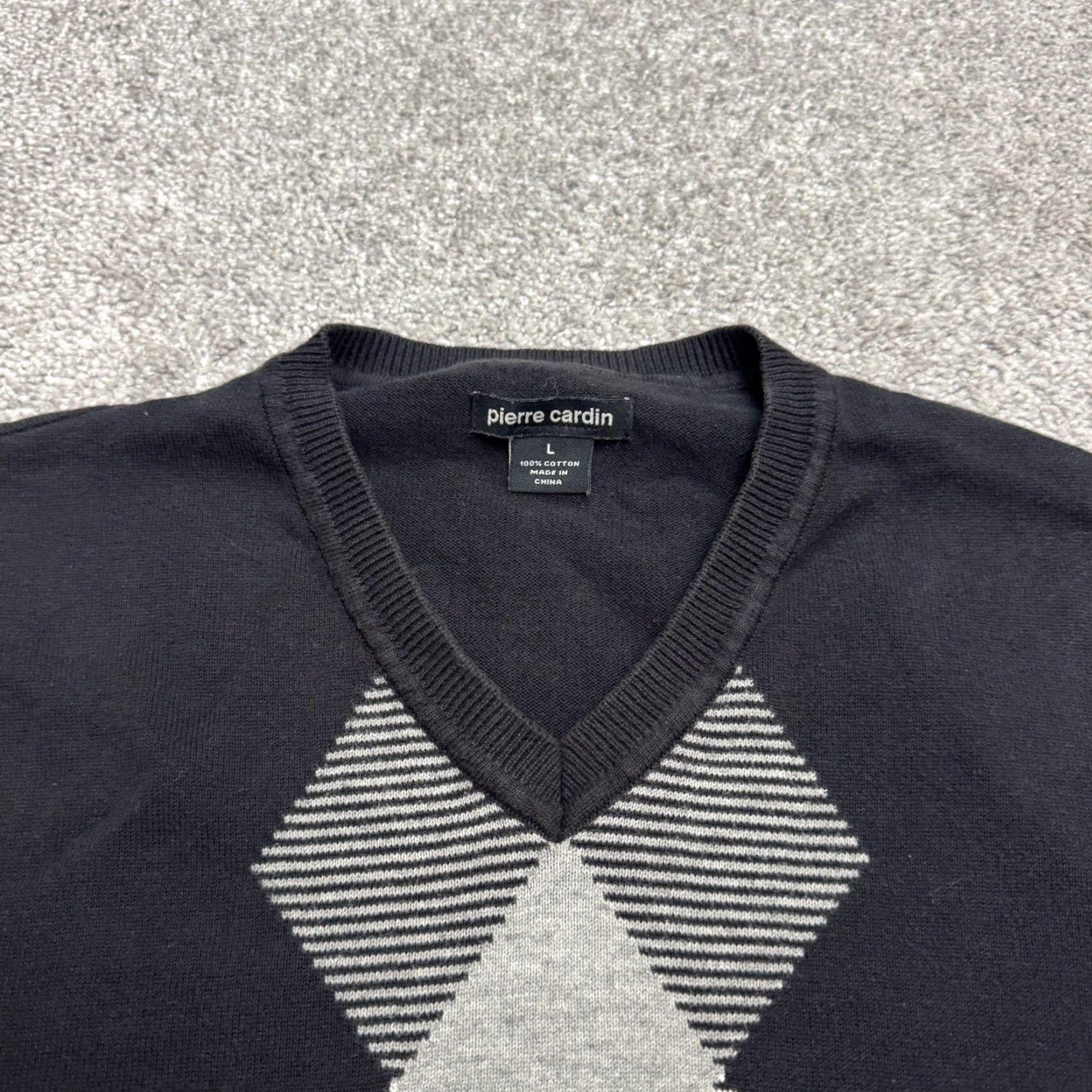 Pierre Cardin Pierre Cardin Sweater Mens L Black V-Neck Argyle Knit Pullover Cotton All Seasons Classic Mens Size US L / EU 52-54 / 3 - 3 Thumbnail