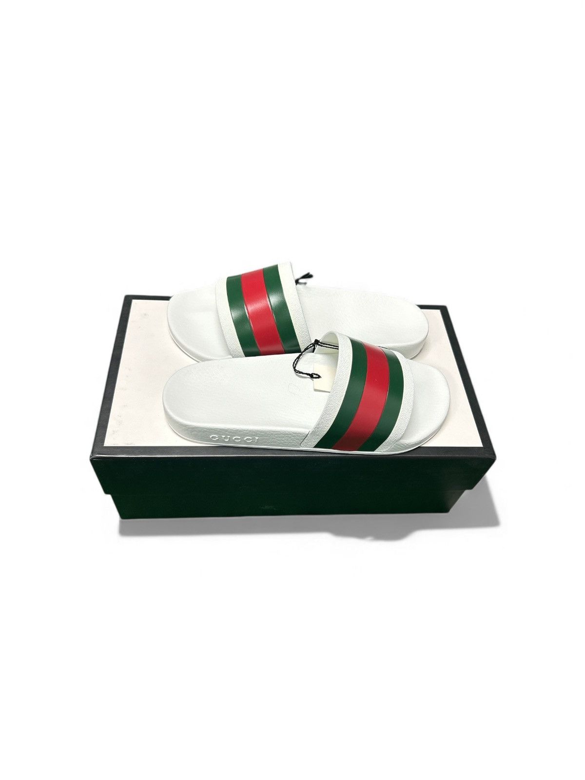 Gucci Pursuit Pool Slides Web Stripe White Size 8G BNIB