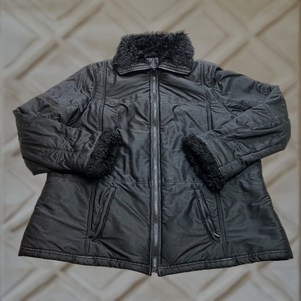 Vintage Lane Bryant Jacket Women's Full Zip Coat Faux Fur Trim Pockets Black Solid 18/20 Plus Regular Size Size XXL / US 16-18 / IT 52-54 - 1 Thumbnail