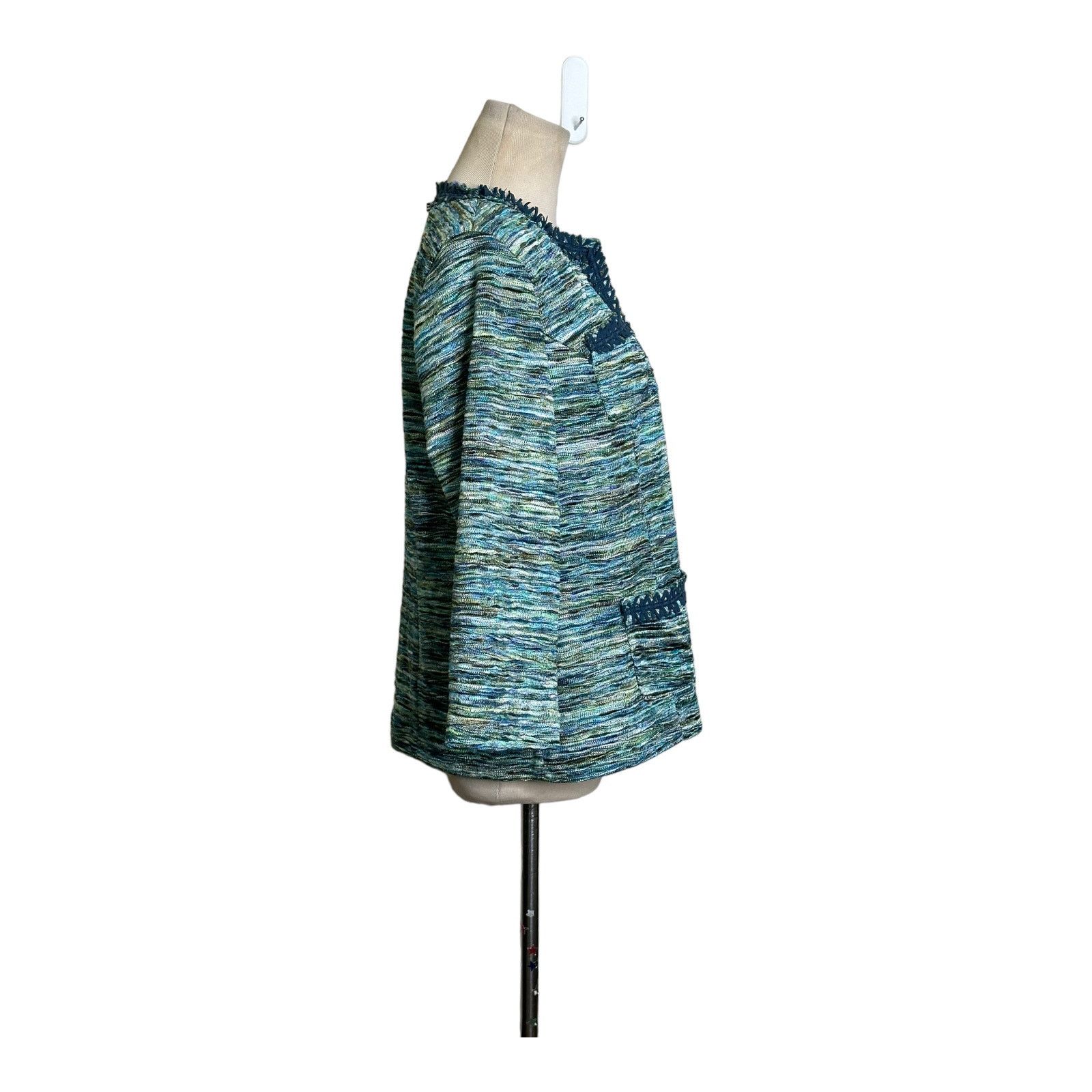 Chicos Chico's Green Tweet Pockets Fringe Trim Blazer Jacket size M Size M / US 6-8 / IT 42-44 - 6 Thumbnail