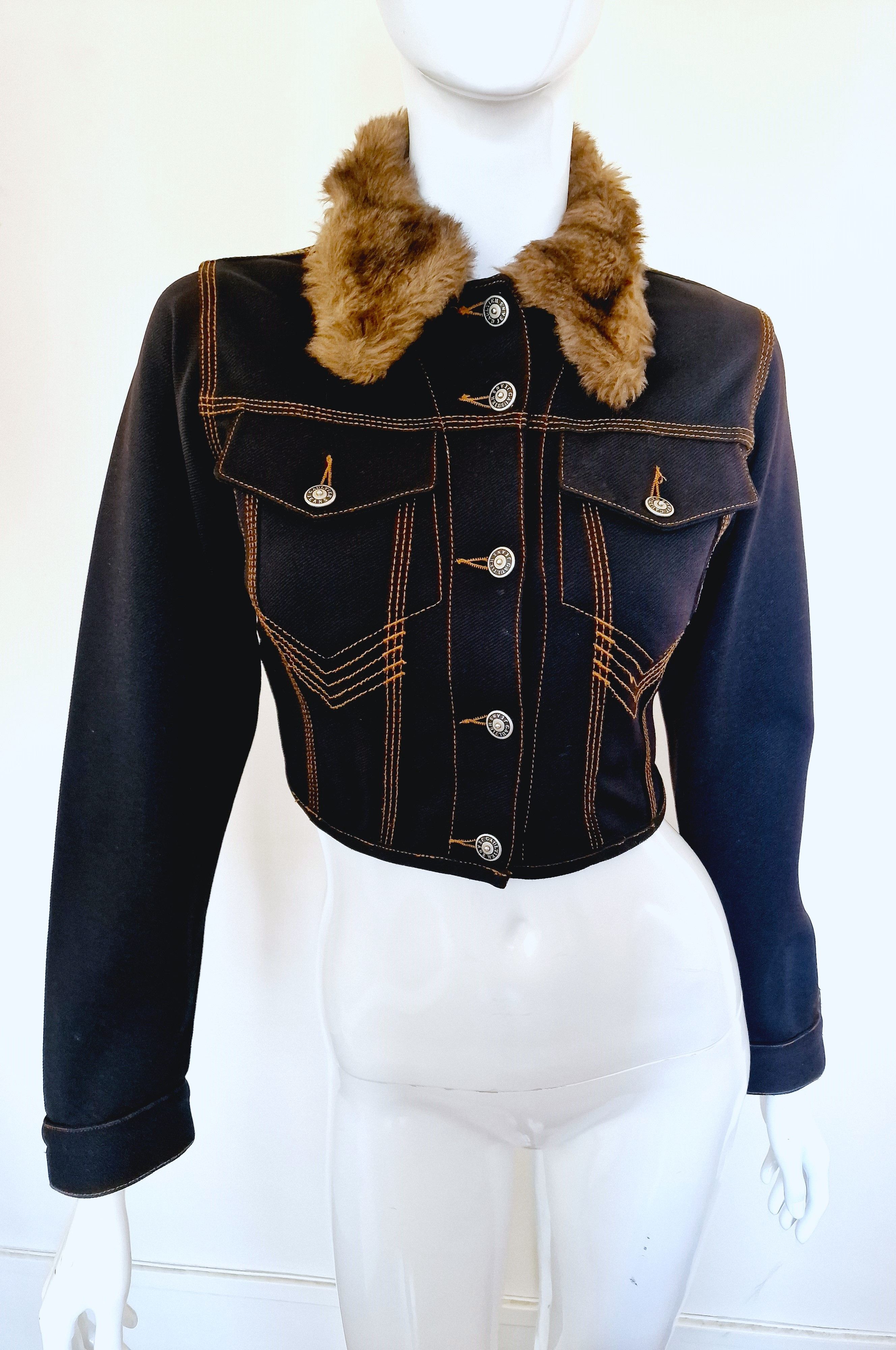Jean Paul Gaultier Jean Paul Gaultier Denim Fake Fur Collar Crop Top Jacket Size S / US 4 / IT 40 - 2 Thumbnail