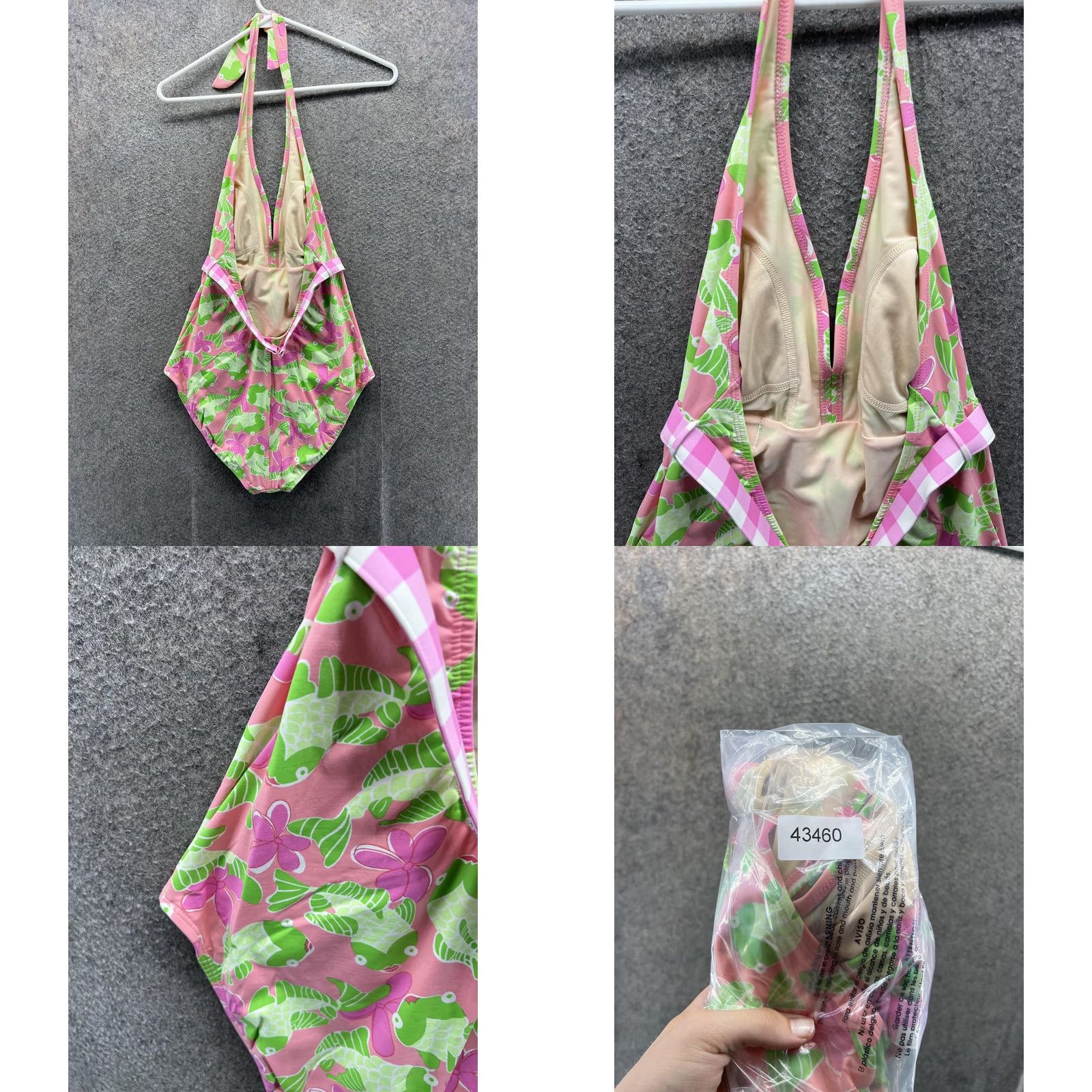 Vintage Loo+ One Piece Swimsuit Womens 12 Pink Tropical Fish Halter Belted Floral Swim Size ONE SIZE - 8 Thumbnail