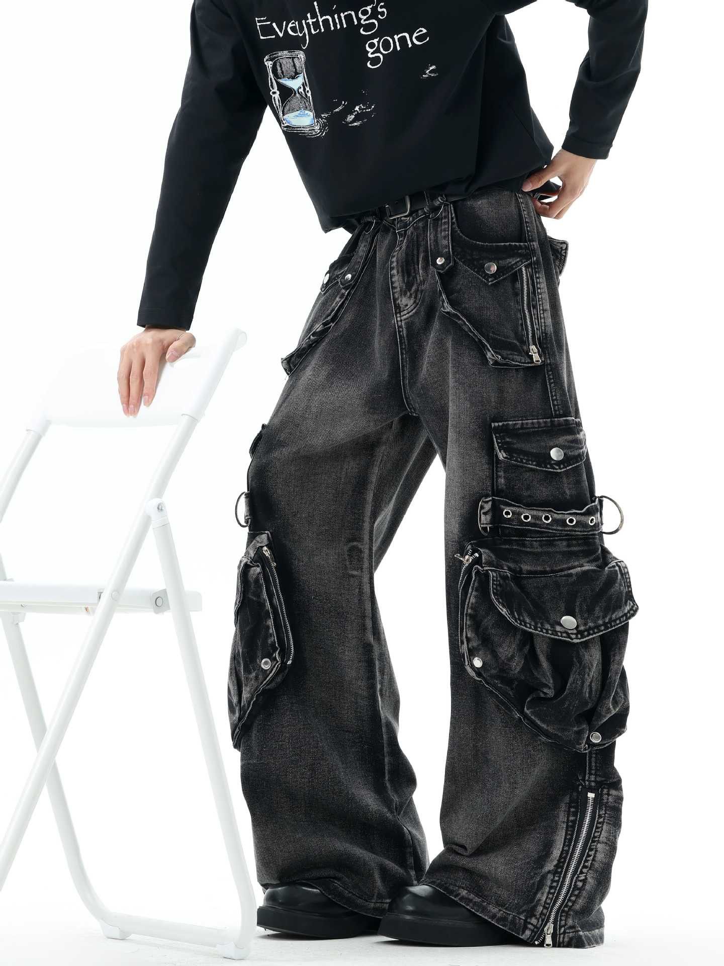 Japanese Brand Black Wide Leg Cargo Denim Pants, Baggy Cargo Jeans Size US 28 / EU 44 - 12 Thumbnail