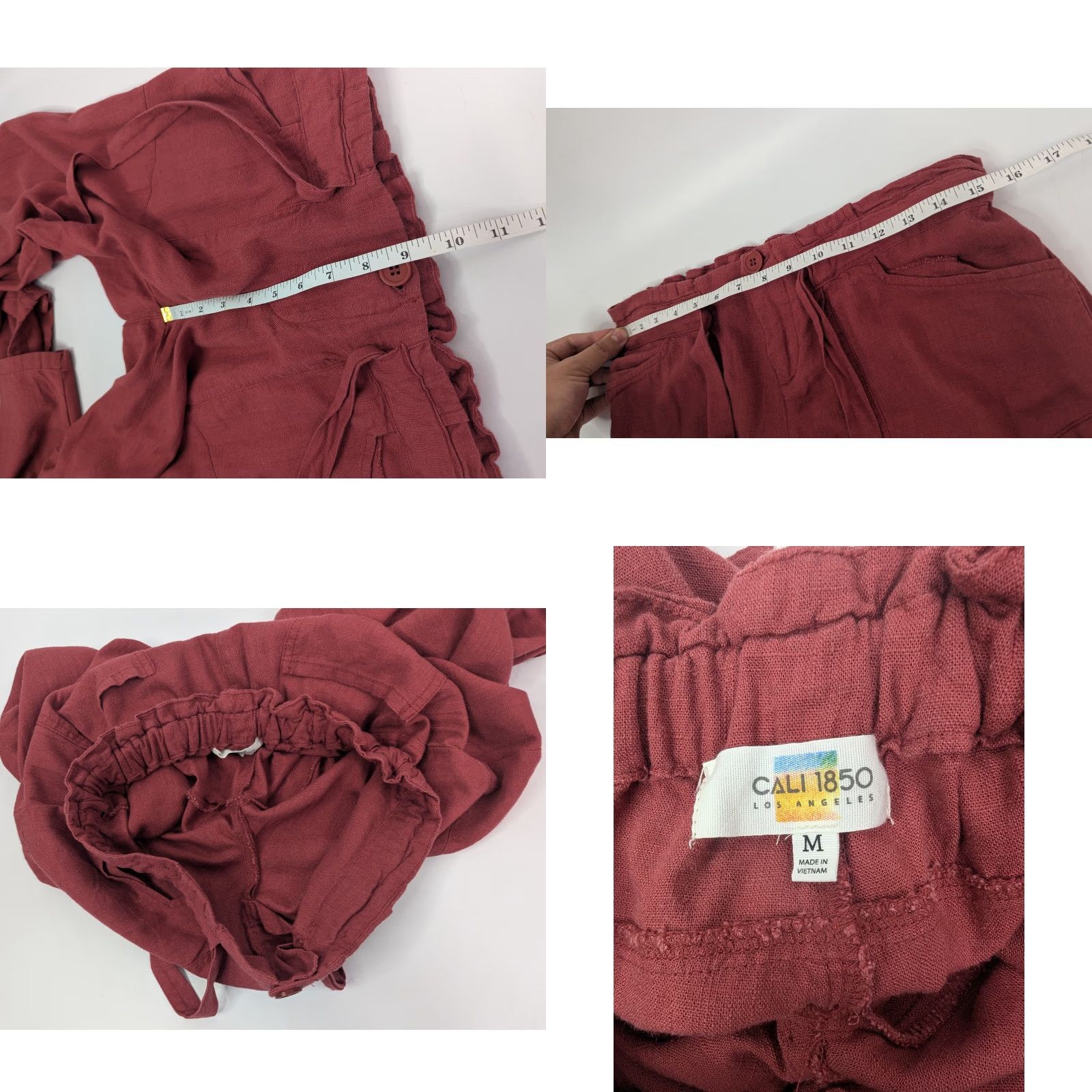 Vintage Cali 1850 Womens Medium Pants Red Linen Pull On Elastic Waist Tie Waist Summer Capri Pockets Crop Straight Size 32" / US 10 / IT 46 - 8 Thumbnail