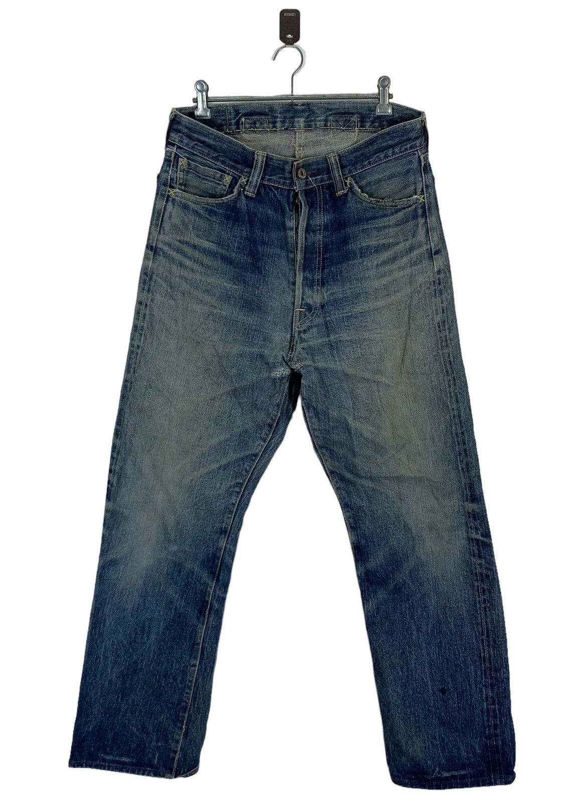 image of Distressed Denim x Tenderloin Vintage The Tenderloin Buckle Back Selvedge Distressed Jeans in Blue 