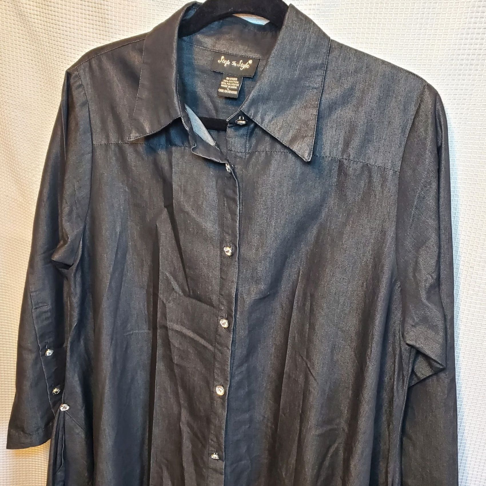 Denime Womens Chambray Denim Button Front Dress Black Pockets Hi-Lo Rhinestone Buttons Size L / US 10 / IT 46 - 7 Thumbnail
