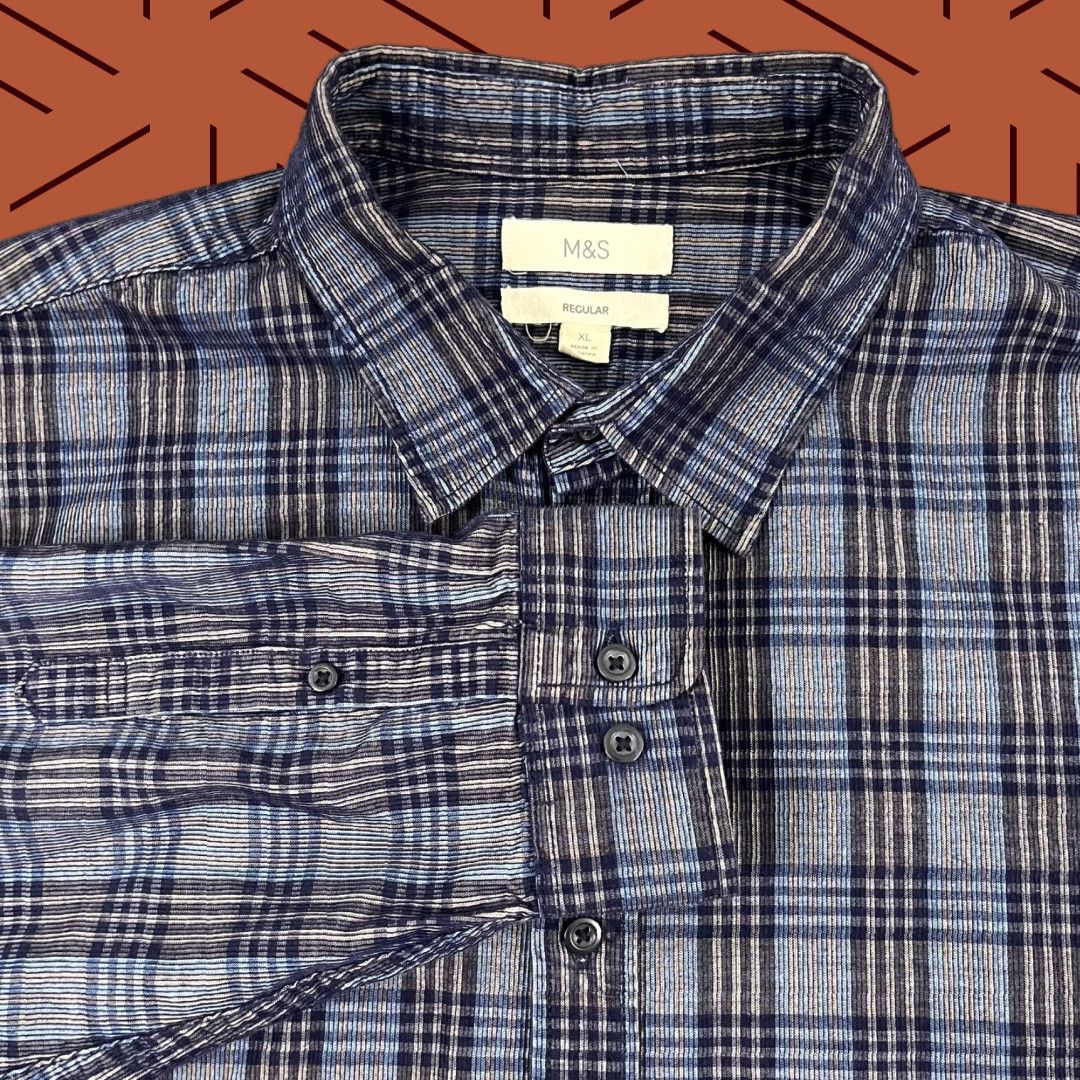 Marks & Spencer M&S Marks & Spencer Shirt Mens XL Blue Plaid Corduroy Cord Lightweight Button Up Size US XL / EU 56 / 4 - 1 Thumbnail