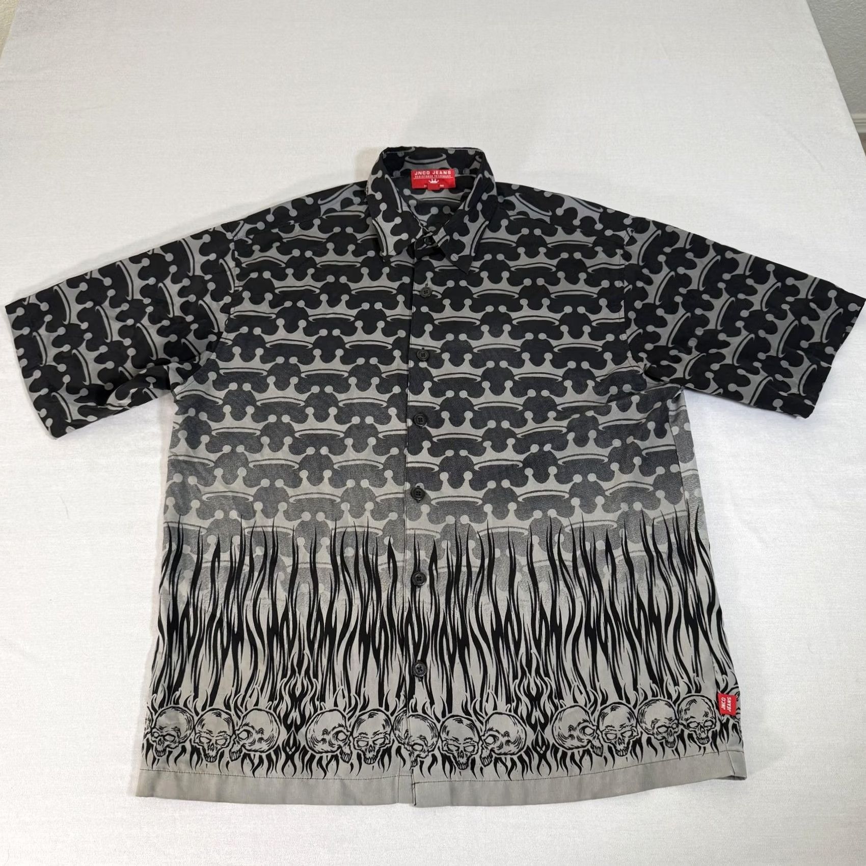 JNCO VINTAGE JNCO Shirt Mens Large Gray Skull Flames Crown Tribal Button Up Jeans Y2K Size US L / EU 52-54 / 3 - 2 Thumbnail
