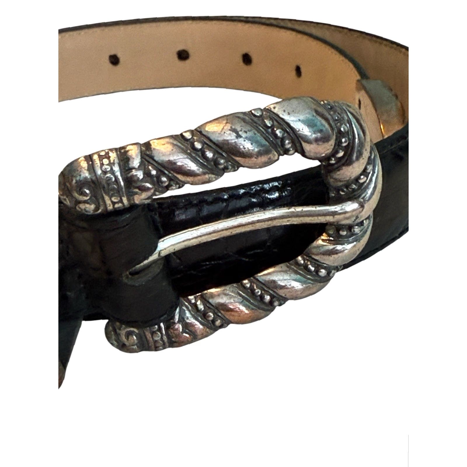Brighton VINTAGE Brighton Belt Black Croc Embossed Leather 1” Wide Medium Read Womens Belt 1994 Cowboys Rodeo Western Style Buckle Adjustable Silver Hardware Size ONE SIZE - 2 Thumbnail