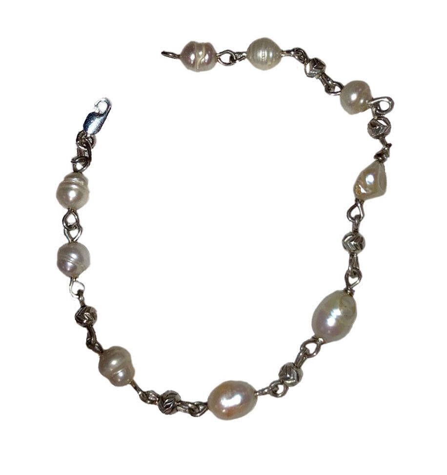 Handmade Sterling HandMade Cultured Pearl Diamond Cut Bead Bracelet Size ONE SIZE - 1 Thumbnail