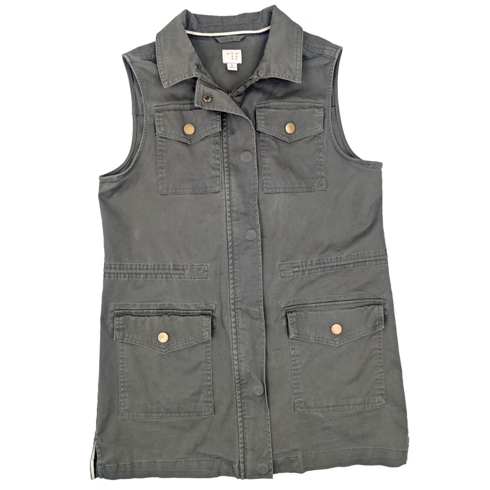 Vintage A New Day Field Canvas Vest Women S Olive Green Sleeveless Zip Pockets Button Long Jacket/Coat Size S / US 4 / IT 40 - 2 Thumbnail