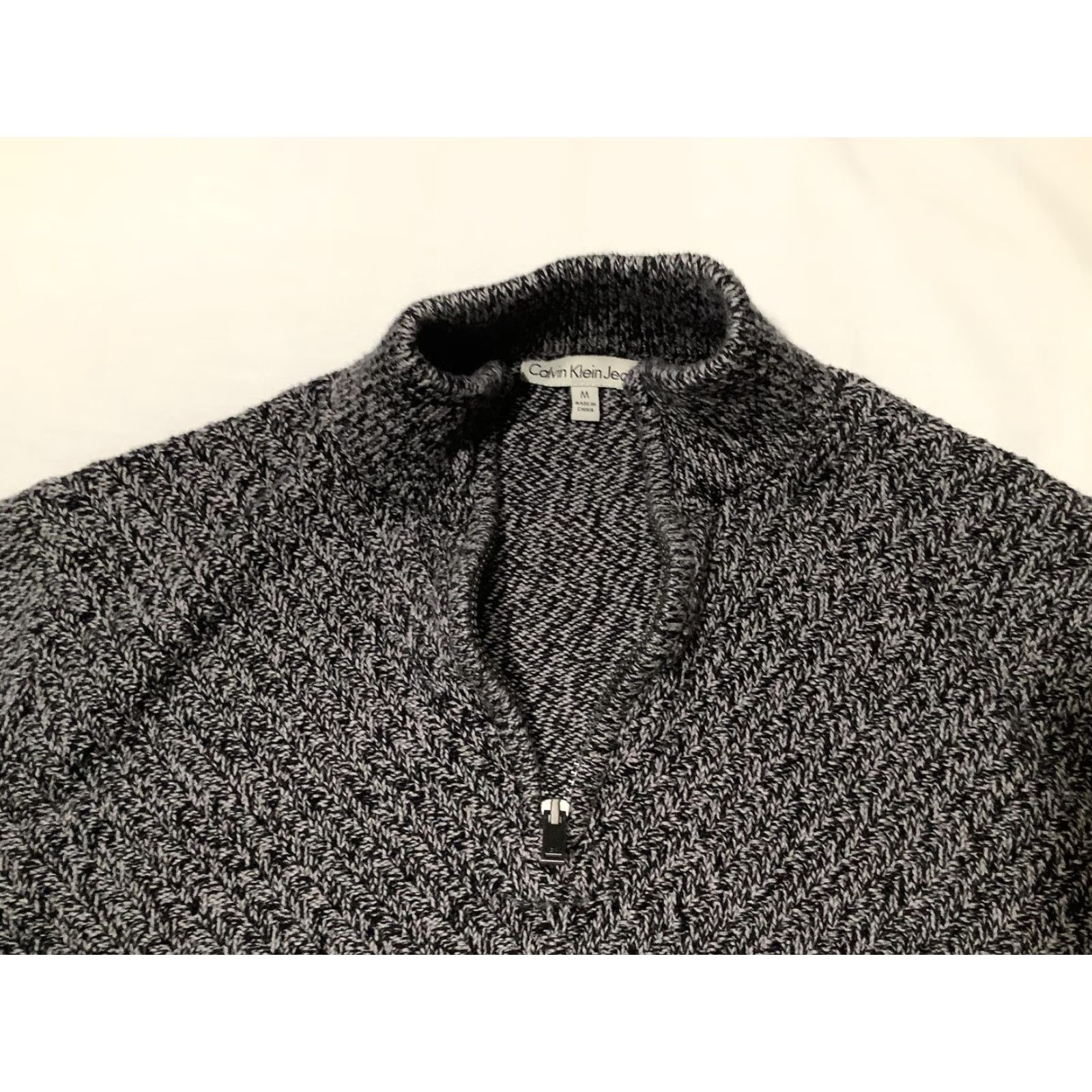 Vintage Calvin Klein Jeans Sweater Mens Medium Gray Herringbone Mock Neck 1/4 Zip Pullover Knit Long Sleeve Casual Size US M / EU 48-50 / 2 - 2 Thumbnail