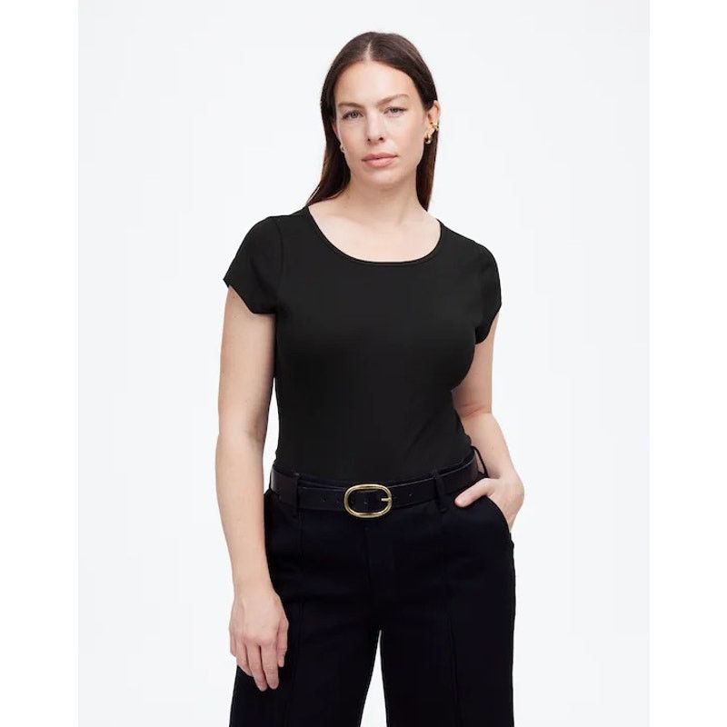 Madewell NWT Madewell Cotton Ribbed Cap-Sleeve Tee Black Size Large Size L / US 10 / IT 46 - 1 Thumbnail