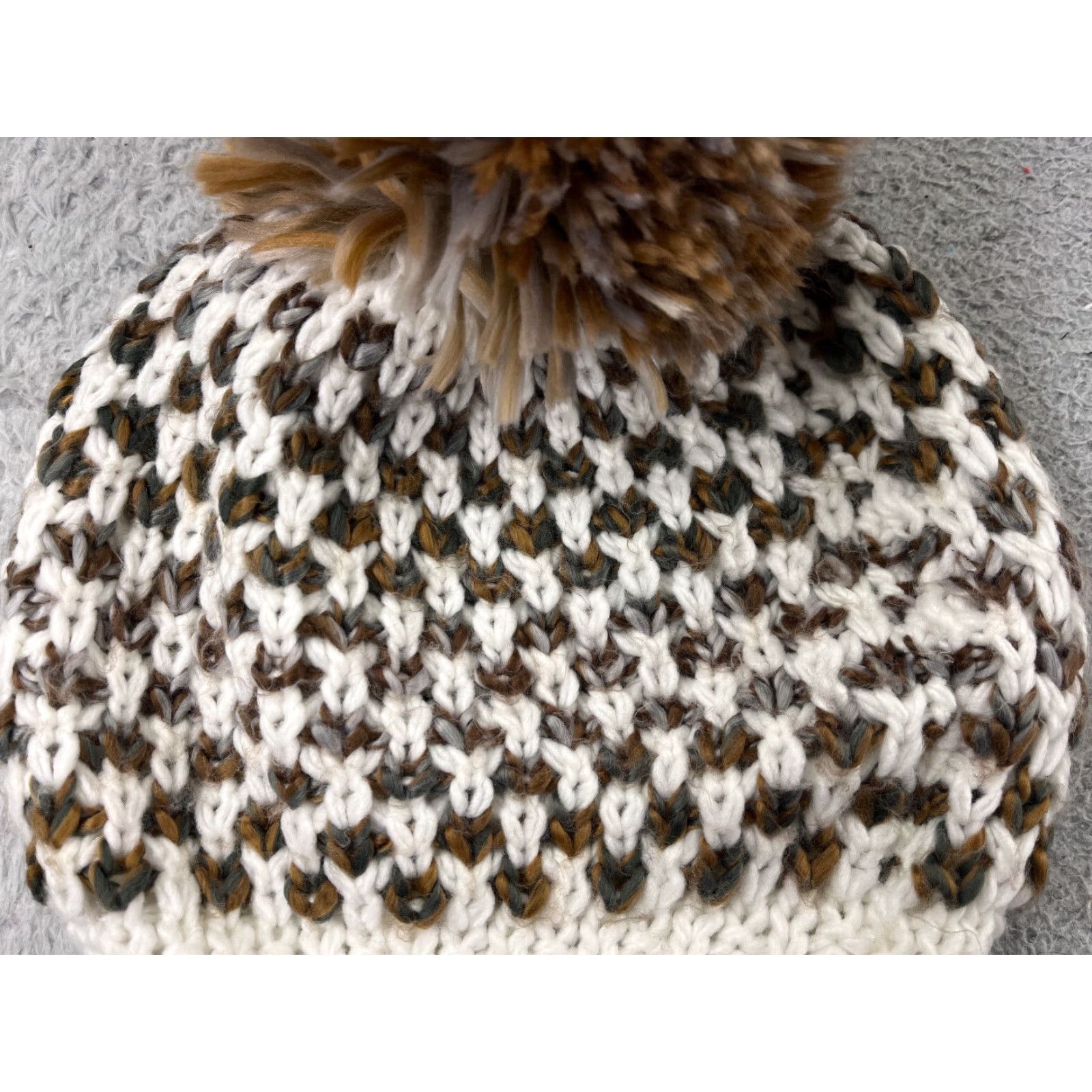 Vintage VINTAGE Transformco Beanie Toque Womens One Size White Brown Knit Check 100% Acrylic Pom Size ONE SIZE - 2 Thumbnail