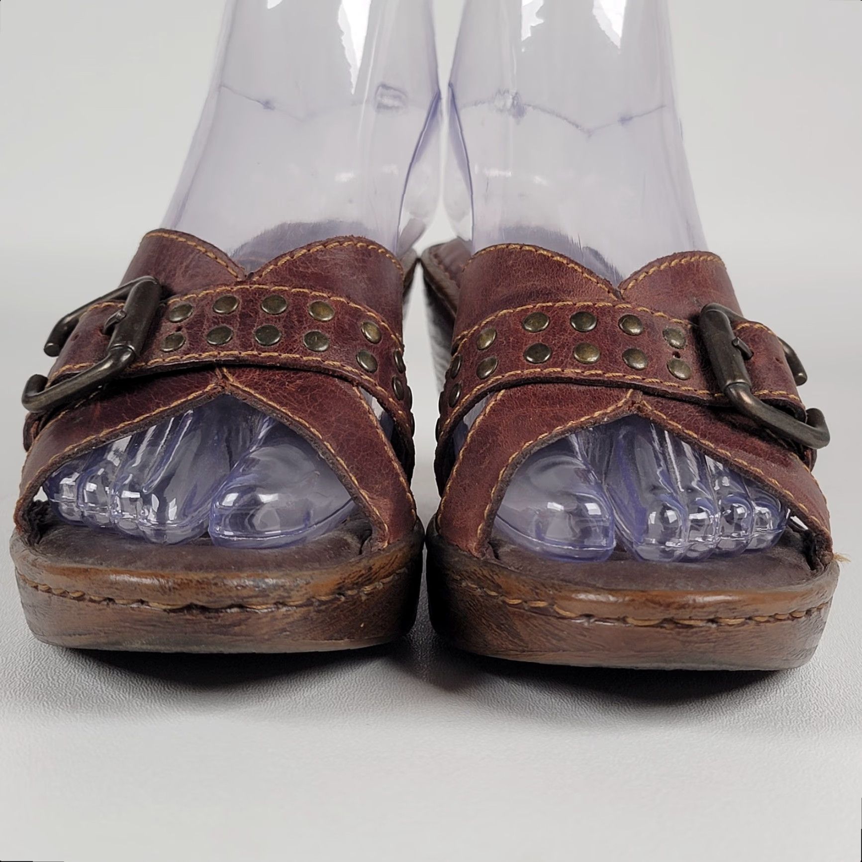 Born Born Brown Leather Criss Cross Studs Buckle Wedge Slide Sandals 38/ 7 US Size US 7 / IT 37 - 3 Thumbnail